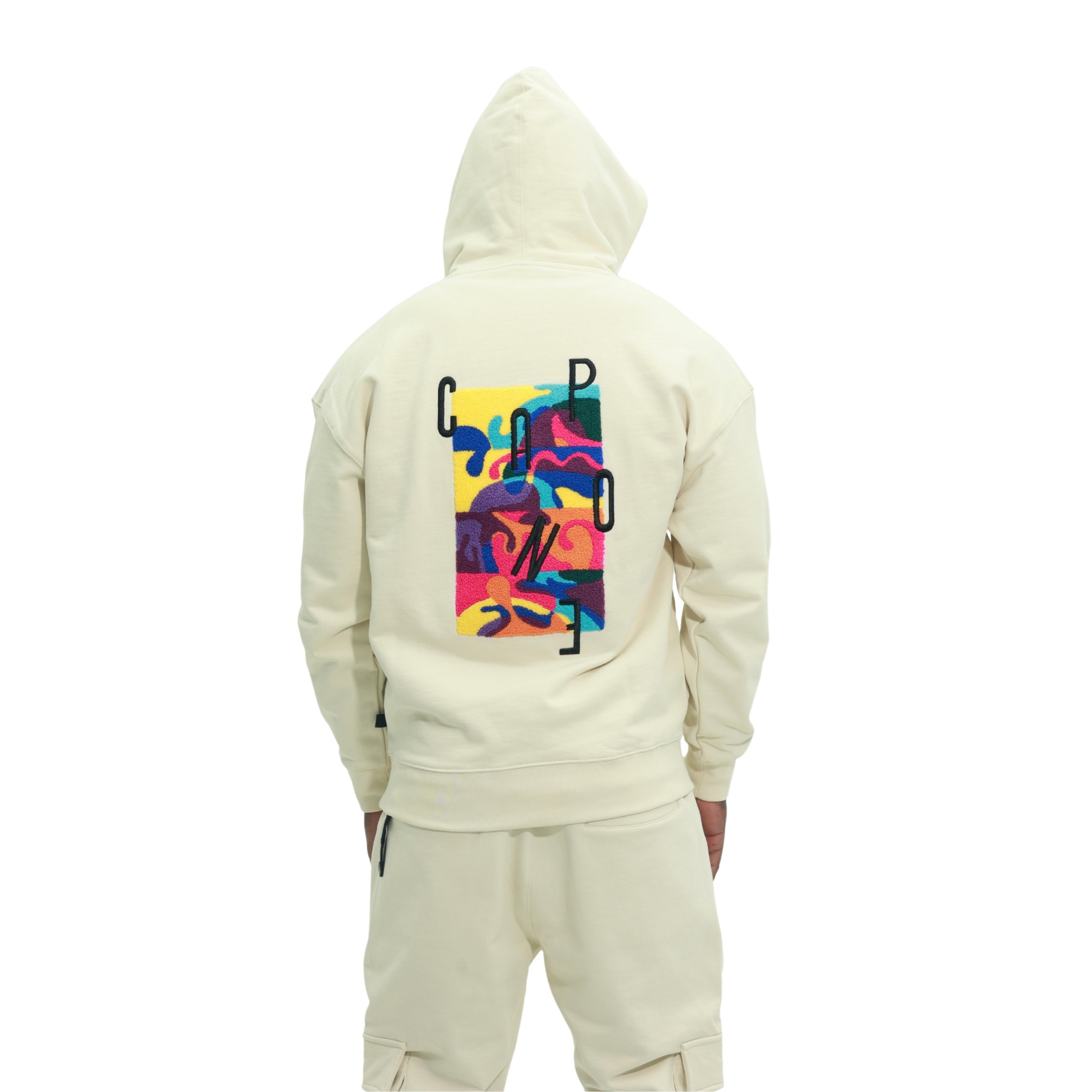 Capone Sweater Hooded Colourful Back Print Beige