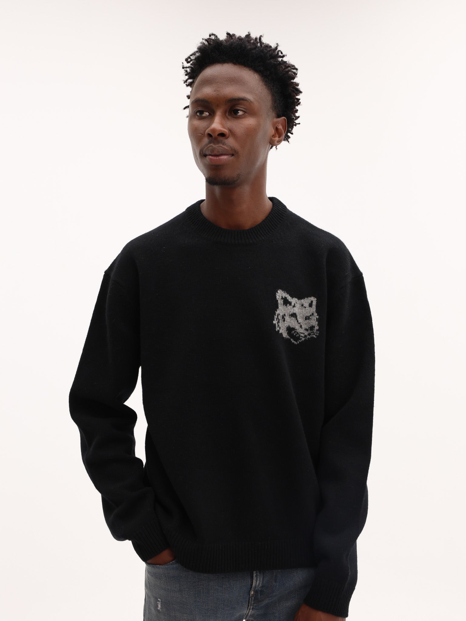 Maison Kitsune Sweater Fox Head Intarsia Black-Med Grey