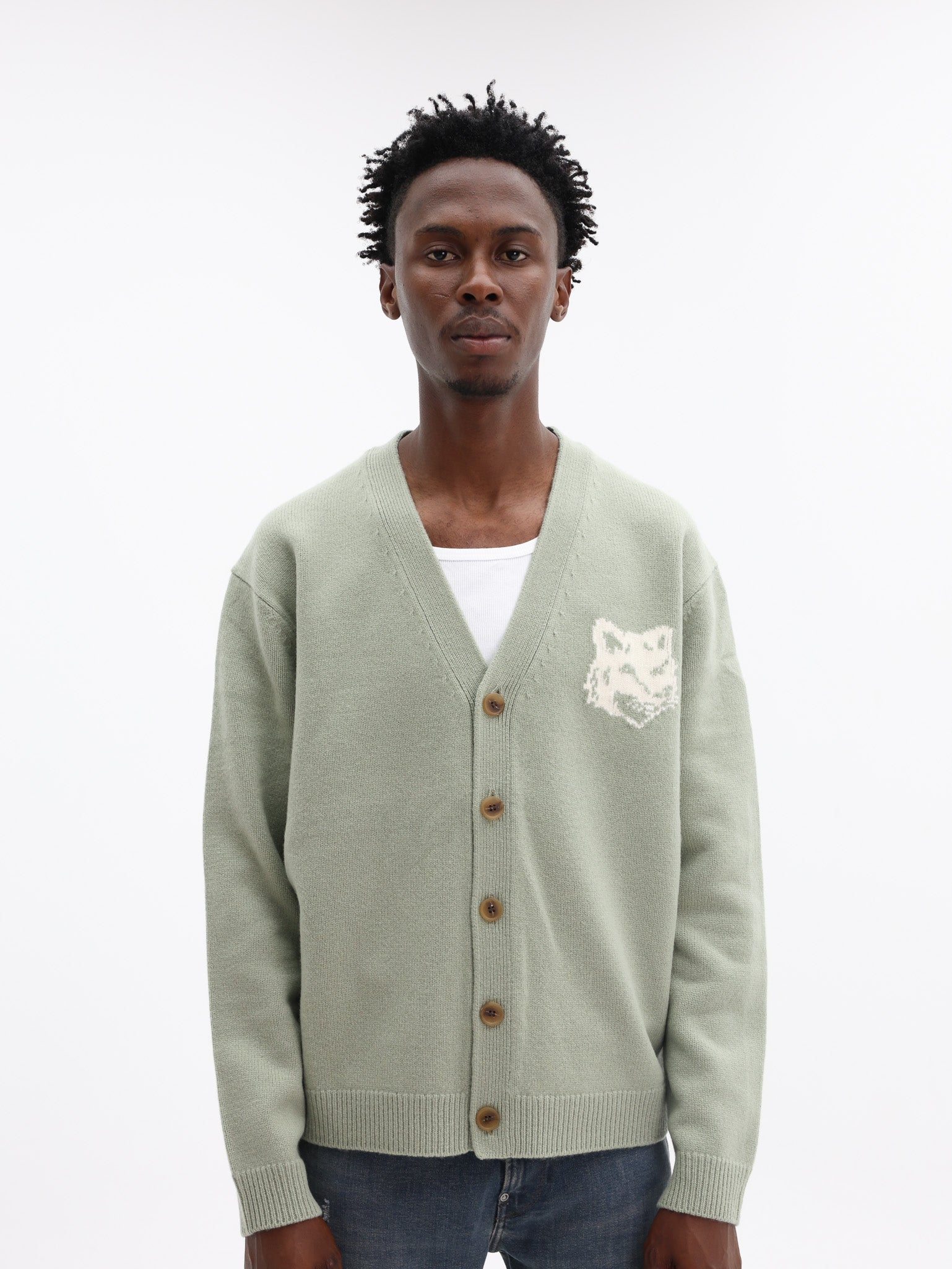 Maison Kitsune Cardigan Fox Head Intarsia Sage Green-Ecru