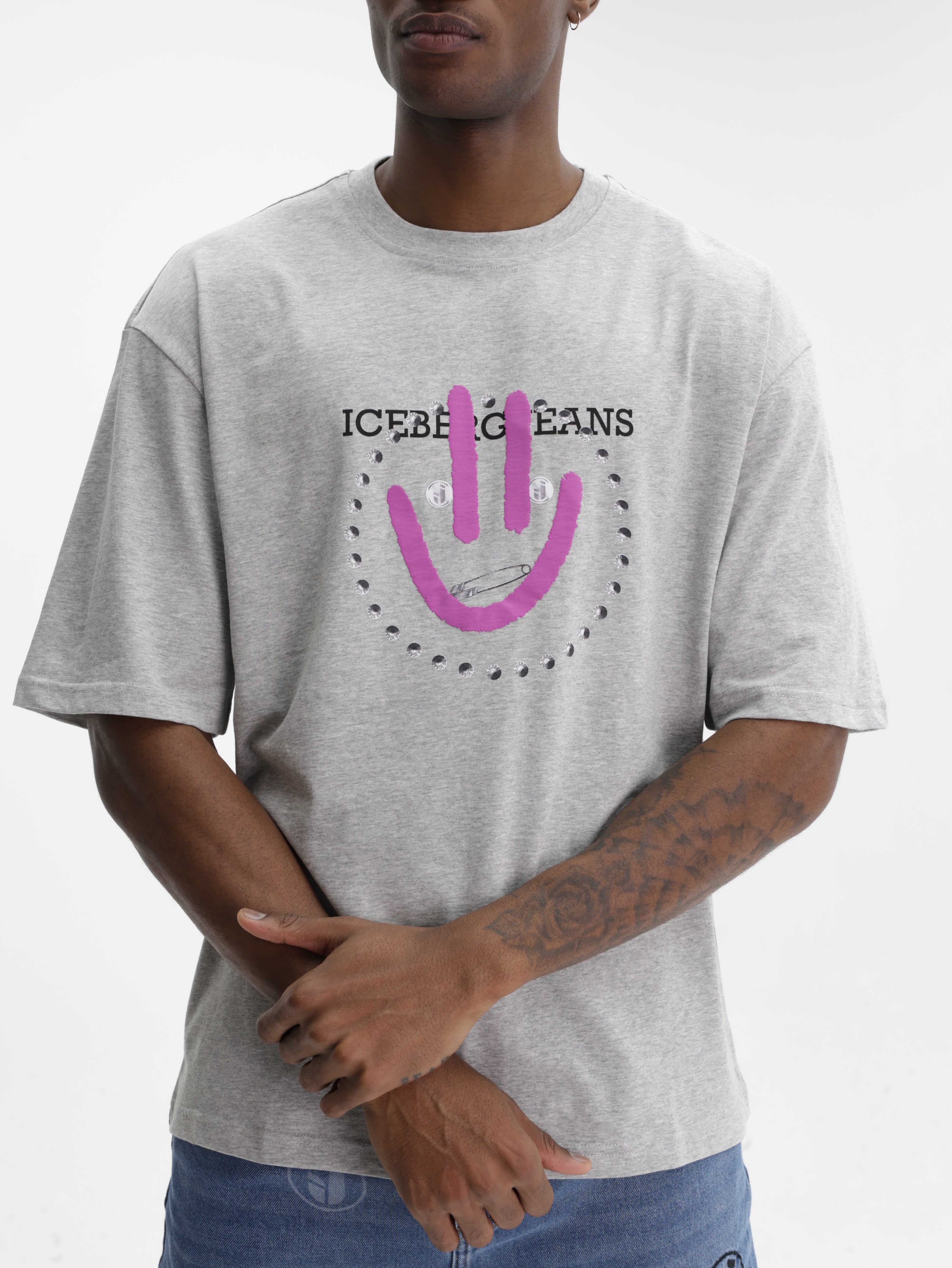 Iceberg Jeans T-Shirt Purple Smiley Print Grey