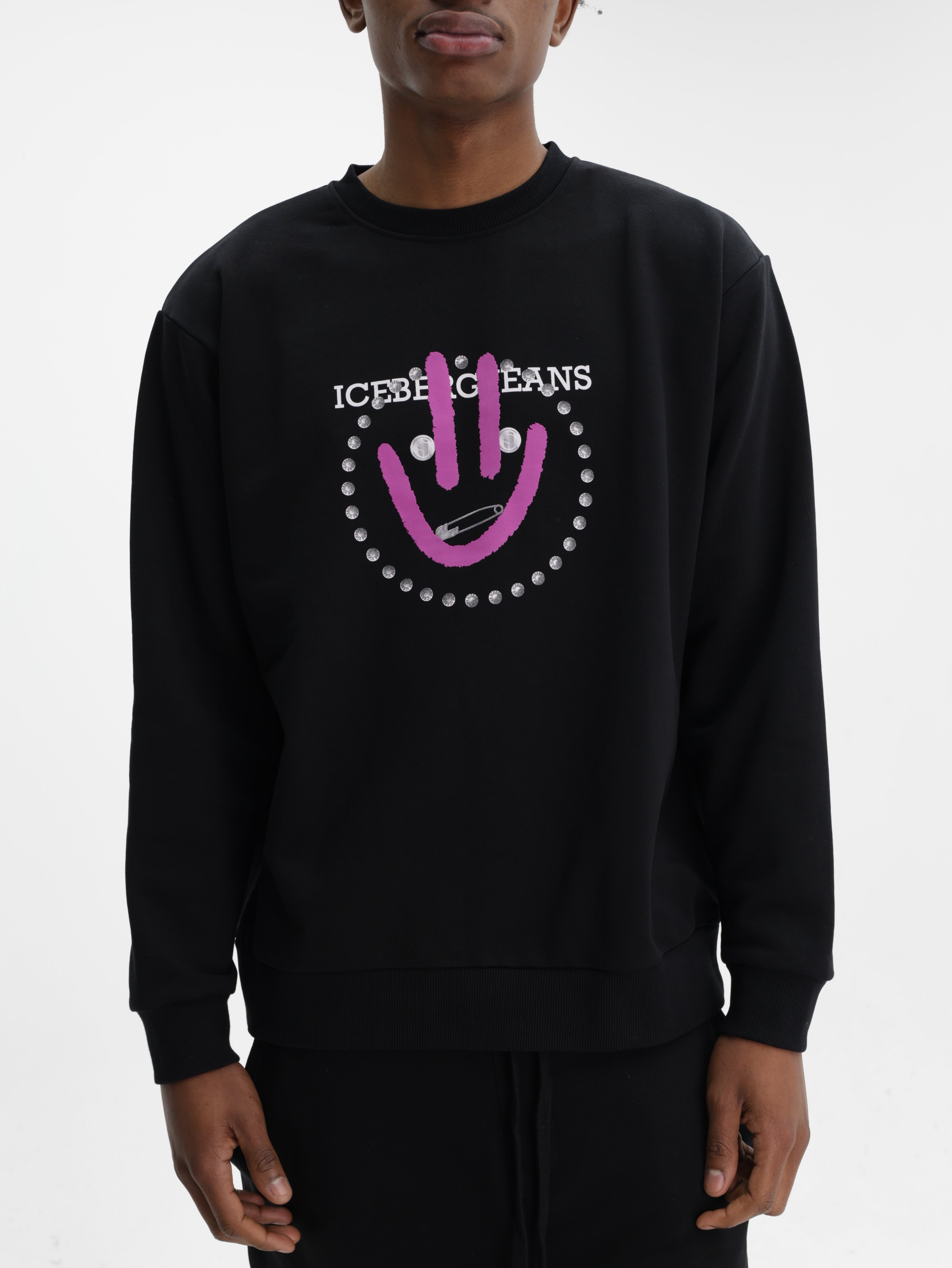 Iceberg Jeans Sweater Pruple Smiley Print Black