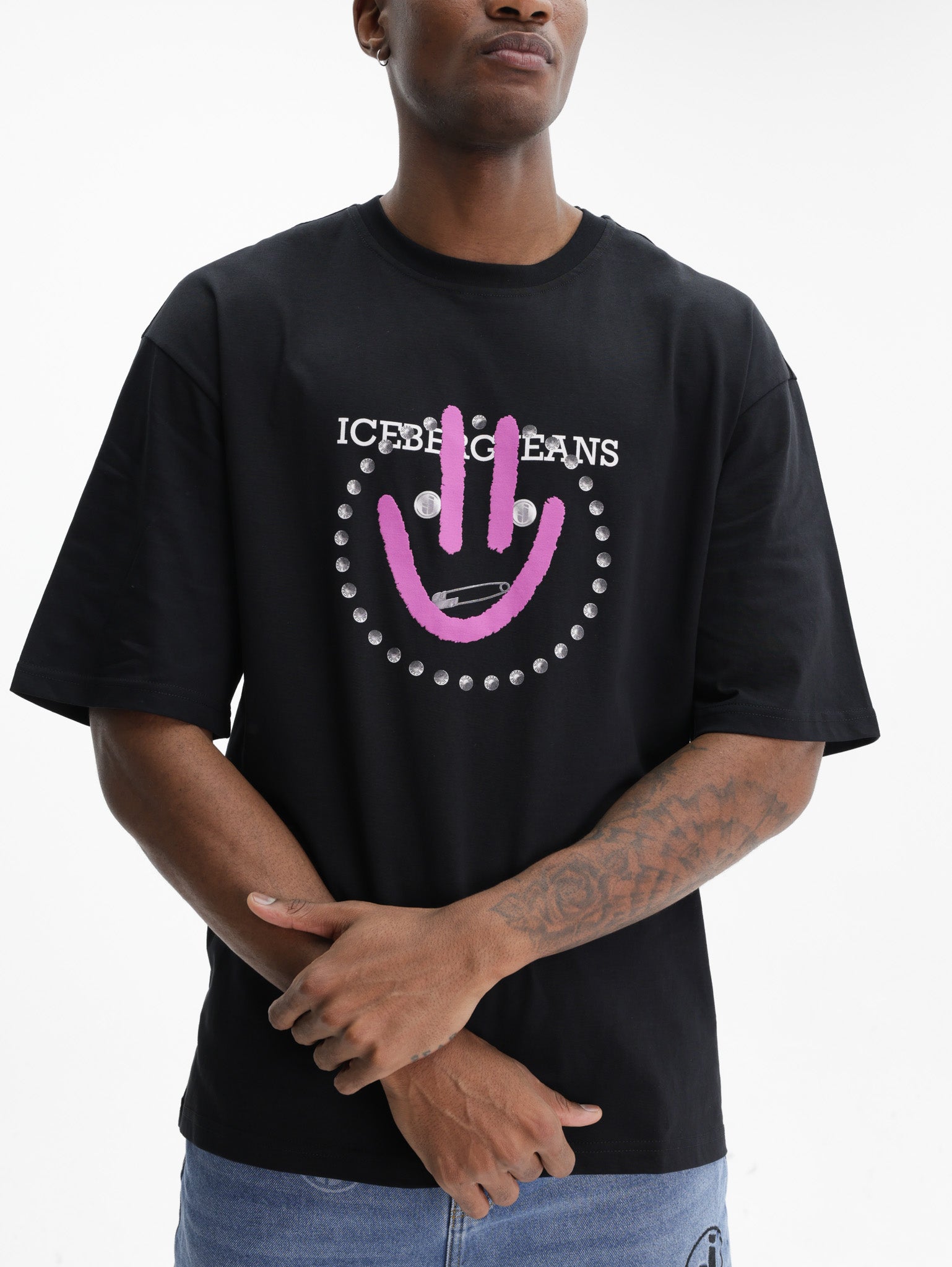 Iceberg Jeans T-Shirt Purple Smiley Print Black