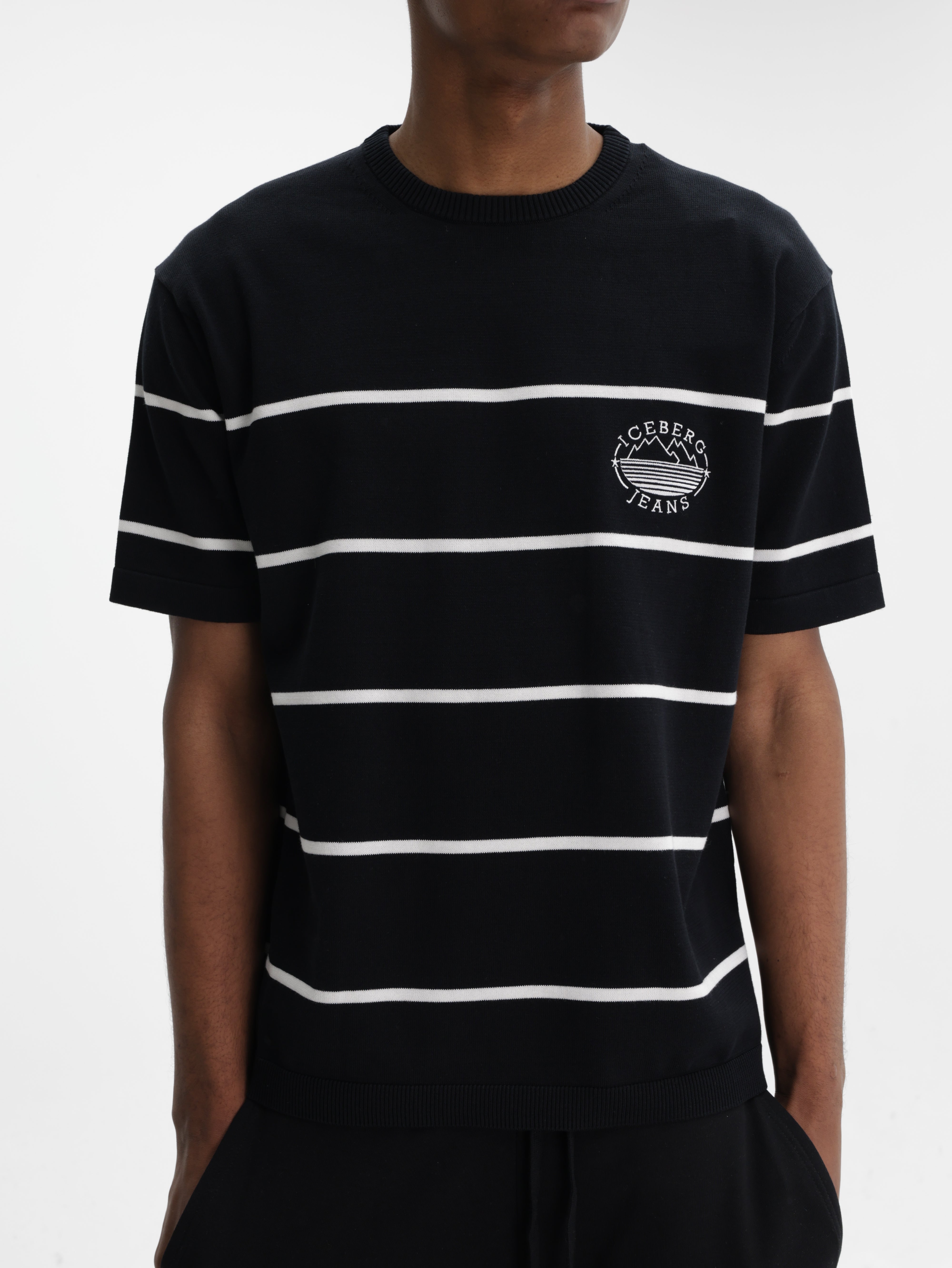Iceberg Jeans T-Shirt Horiz White Stripe Black