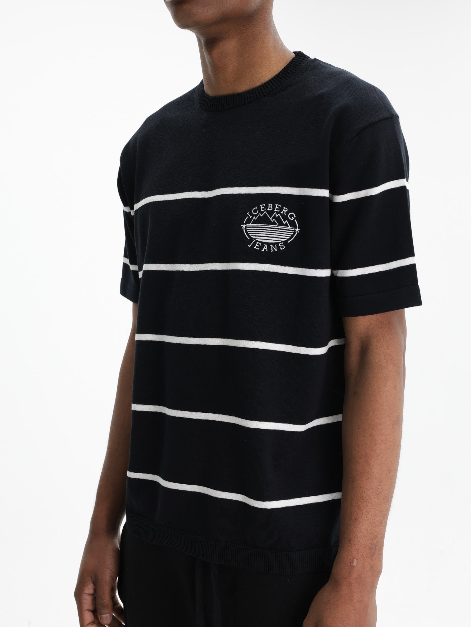 Iceberg Jeans T-Shirt Horiz White Stripe Black