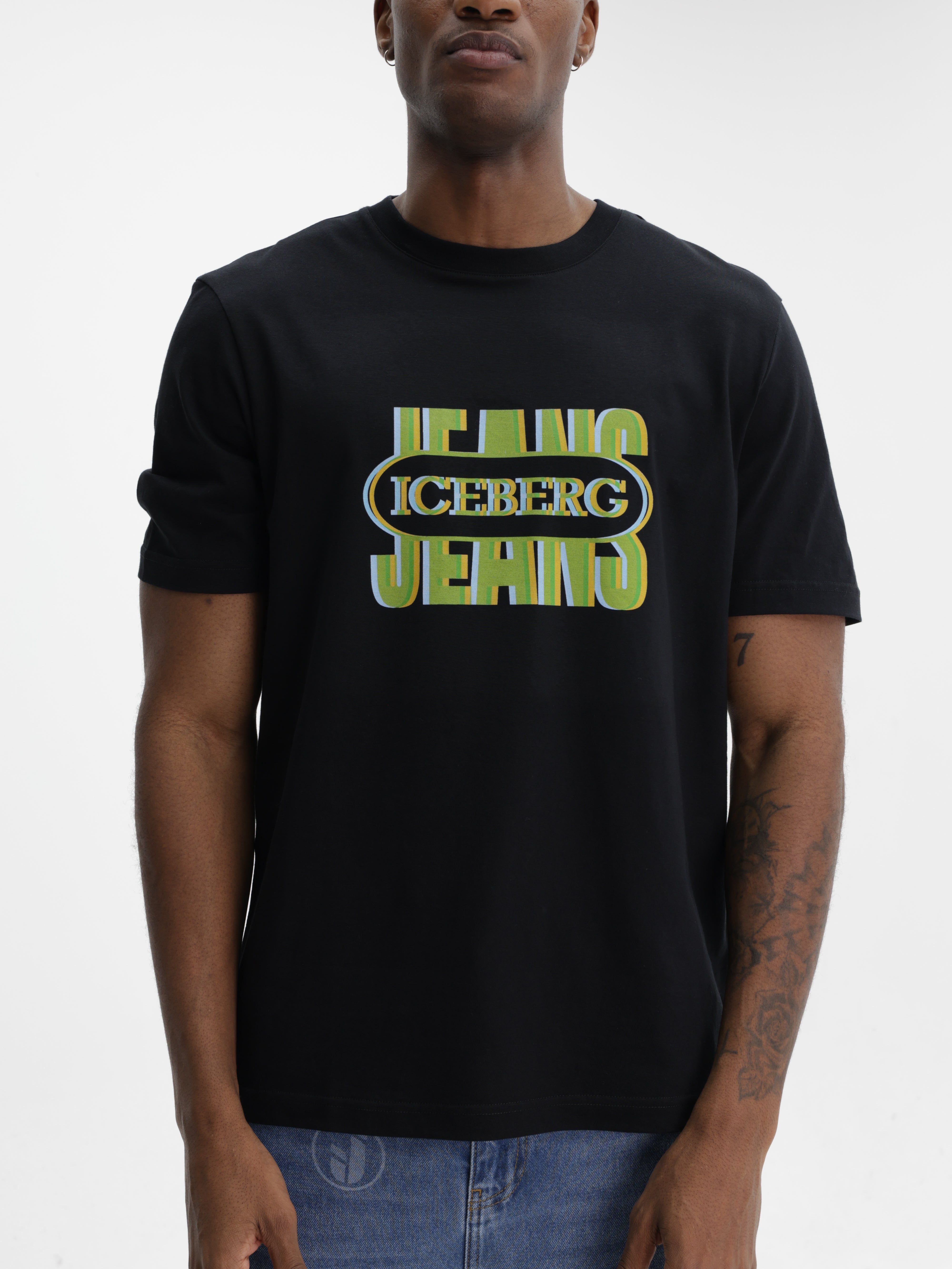 Iceberg Jeans T-Shirt Green Logo Print Black
