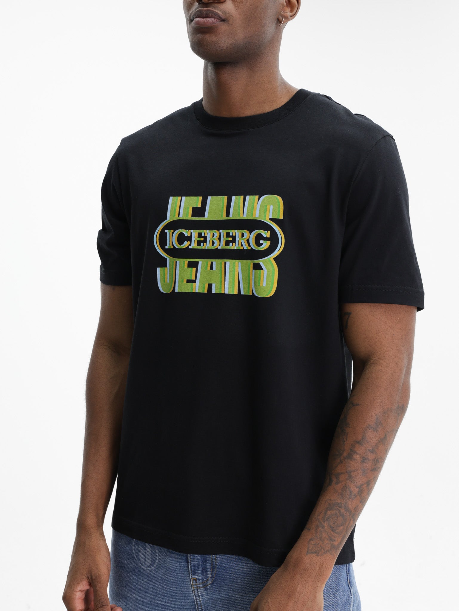 Iceberg Jeans T-Shirt Green Logo Print Black