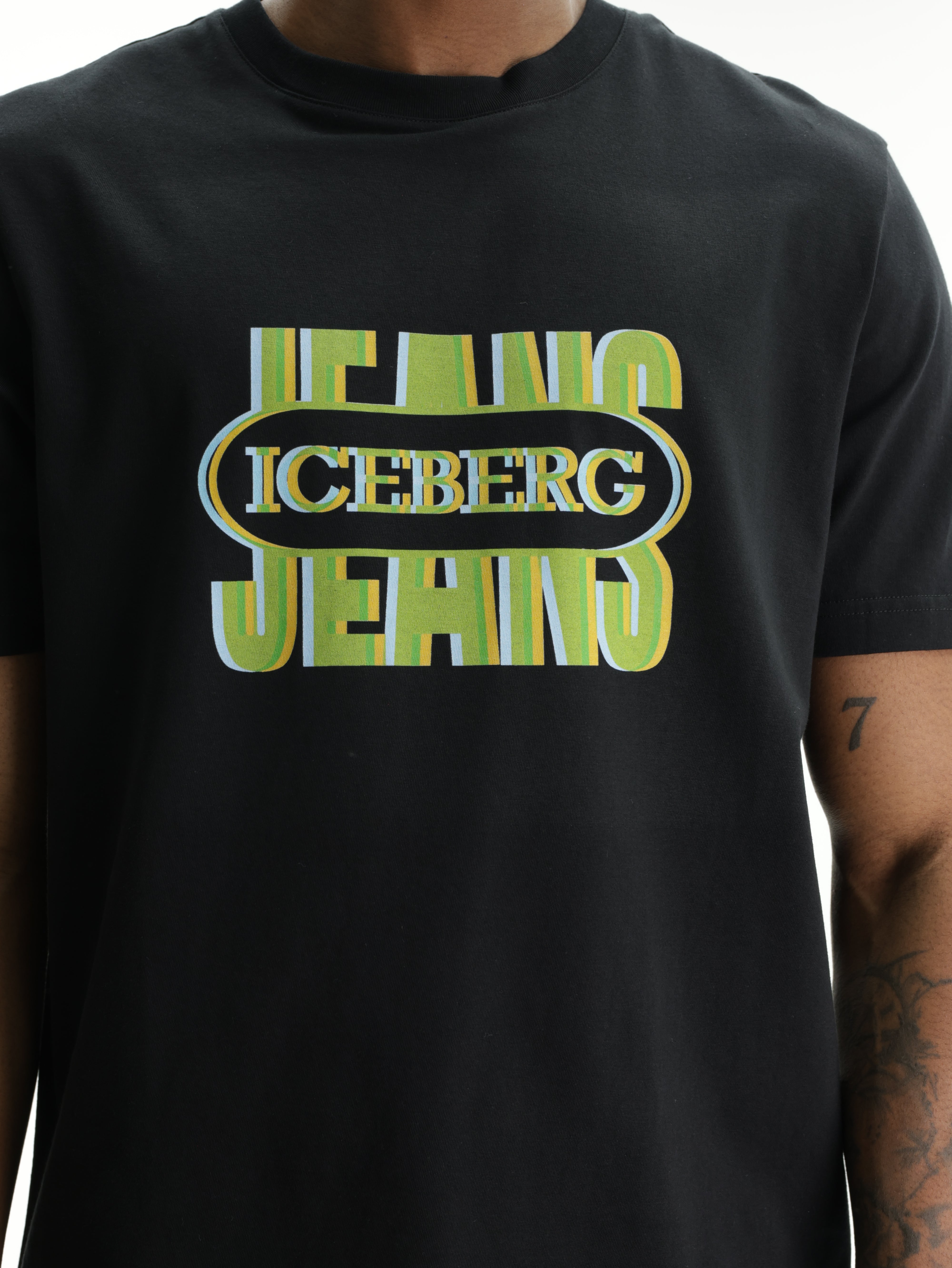 Iceberg Jeans T-Shirt Green Logo Print Black