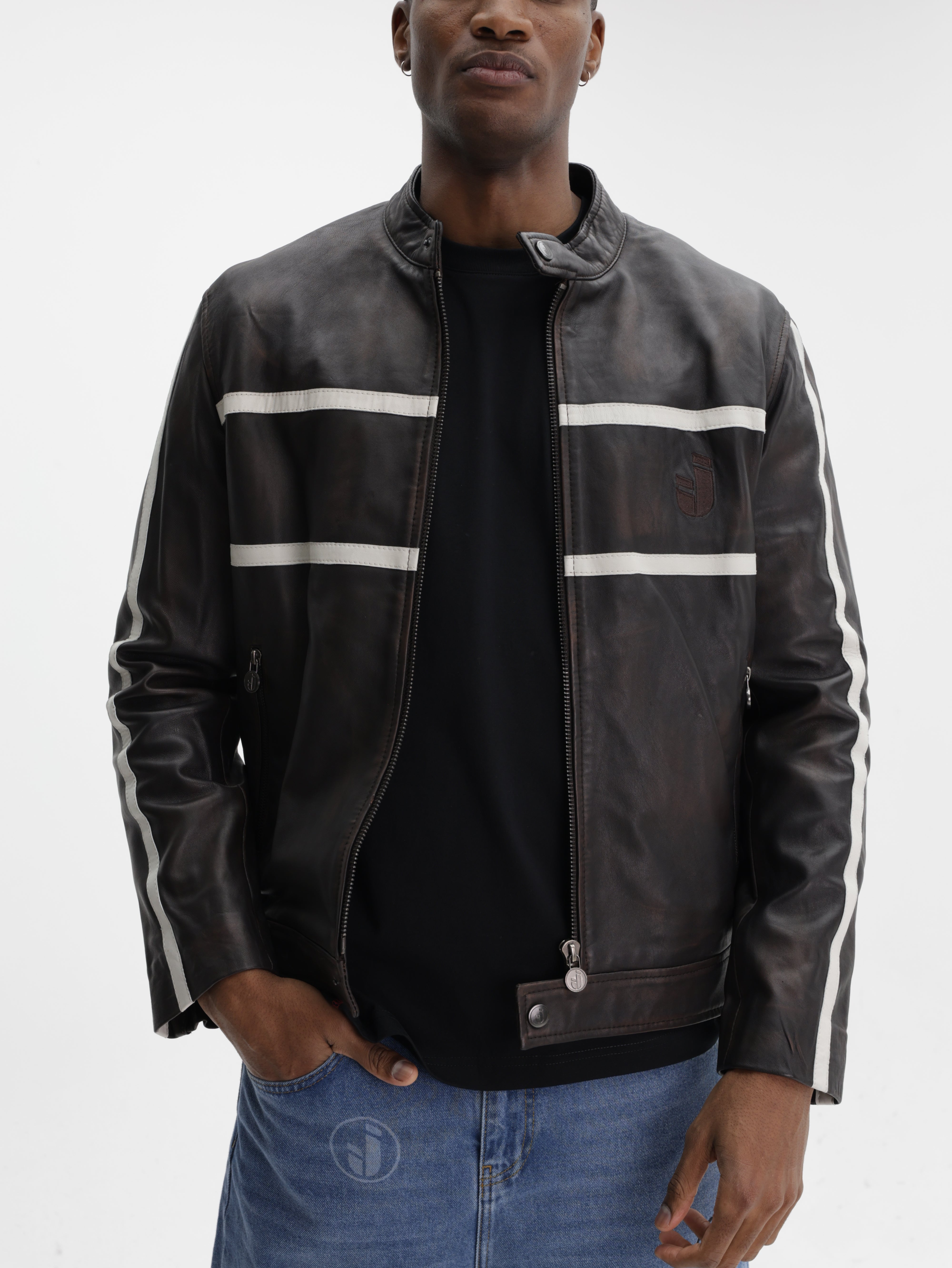 Iceberg Jeans Jacket White Stripe Leather Black