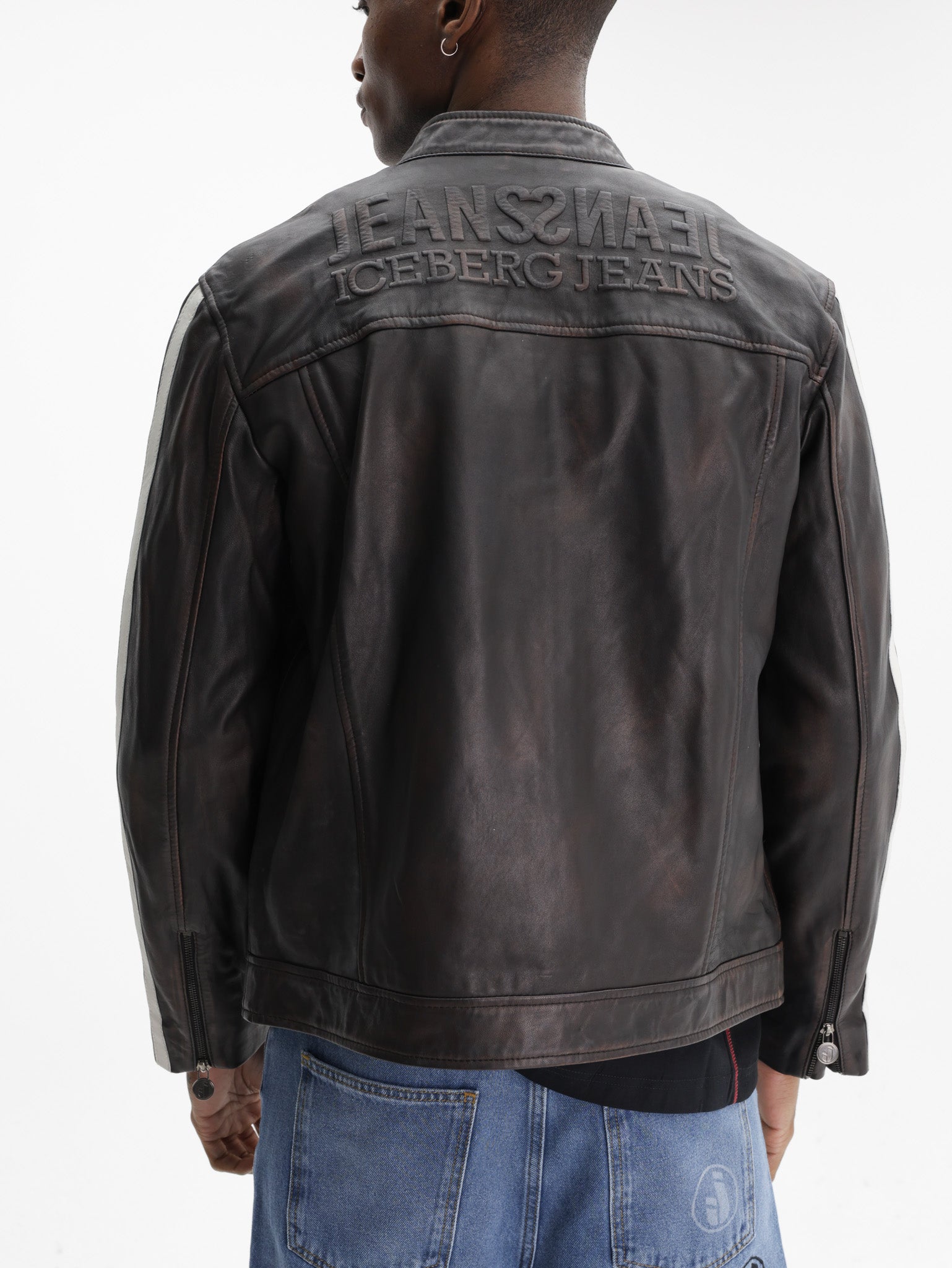 Iceberg Jeans Jacket White Stripe Leather Black