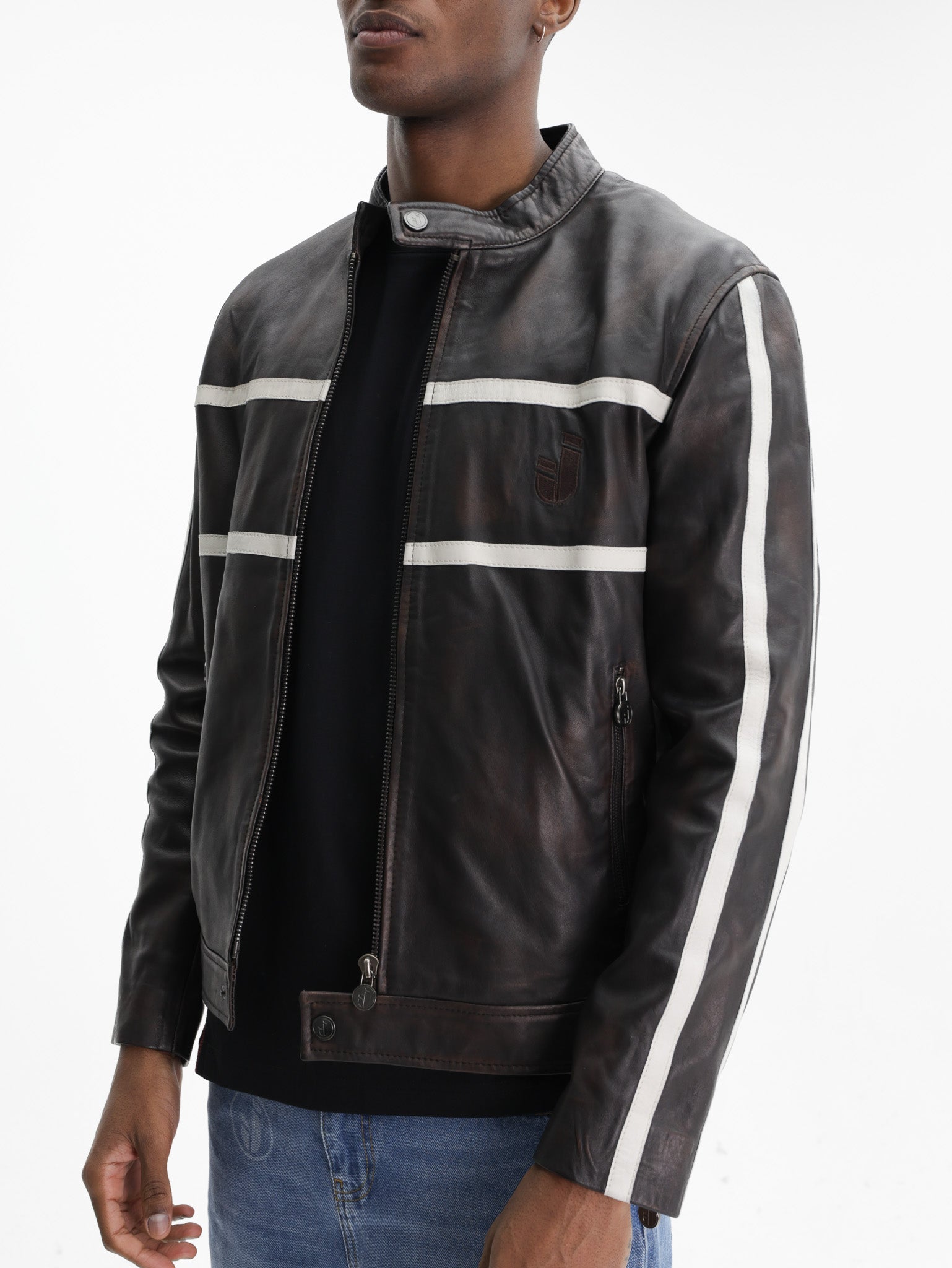 Iceberg Jeans Jacket White Stripe Leather Black