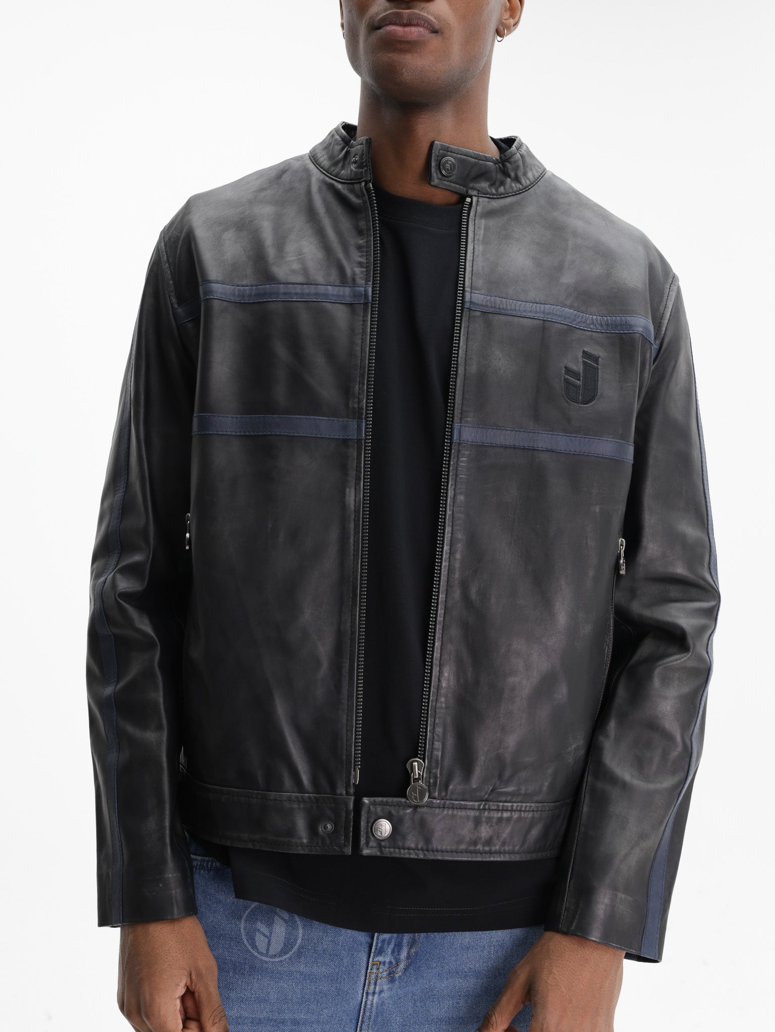 Iceberg Jeans Jacket Leather Navy Stripes Black