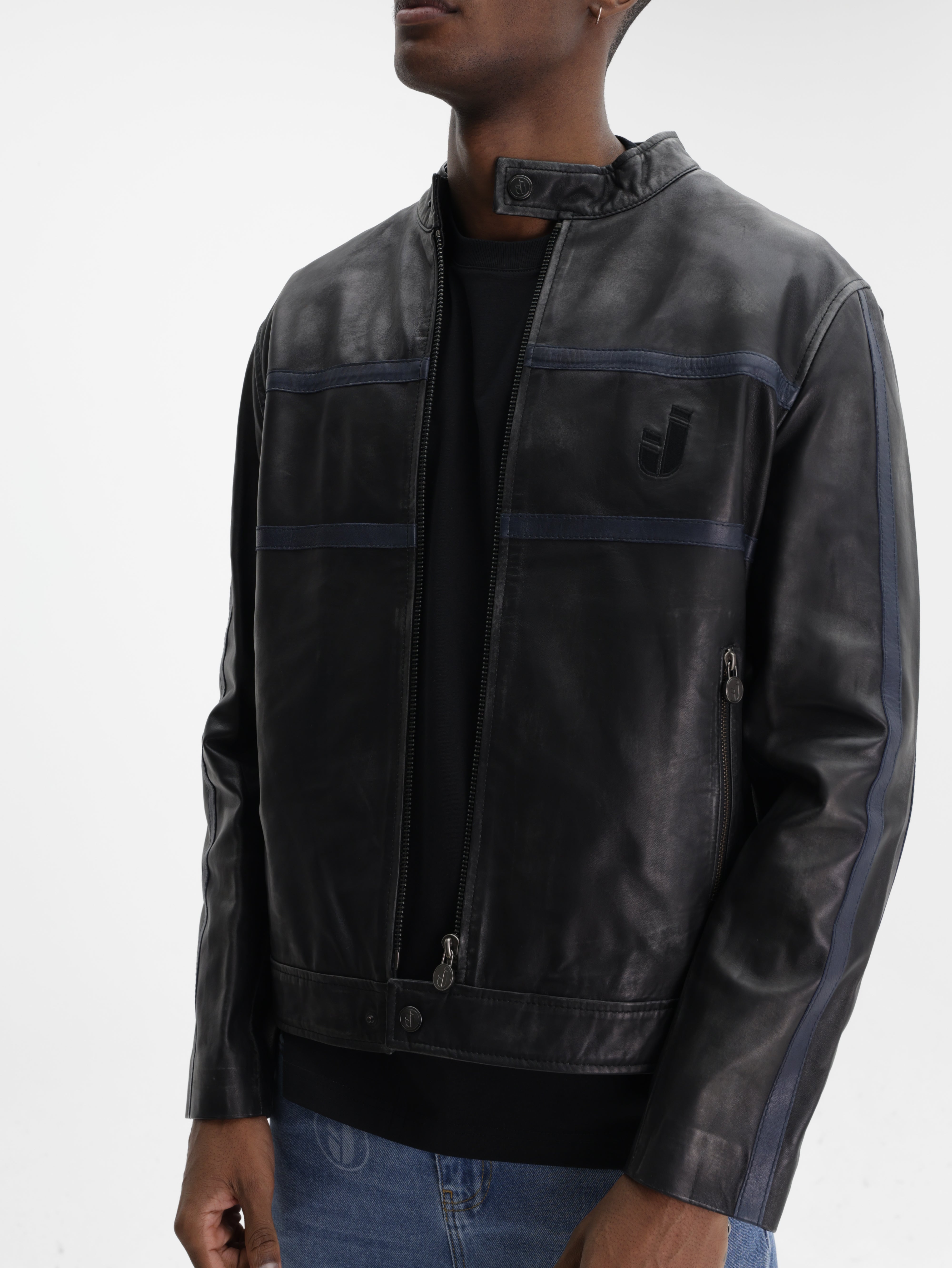 Iceberg Jeans Jacket Leather Navy Stripes Black