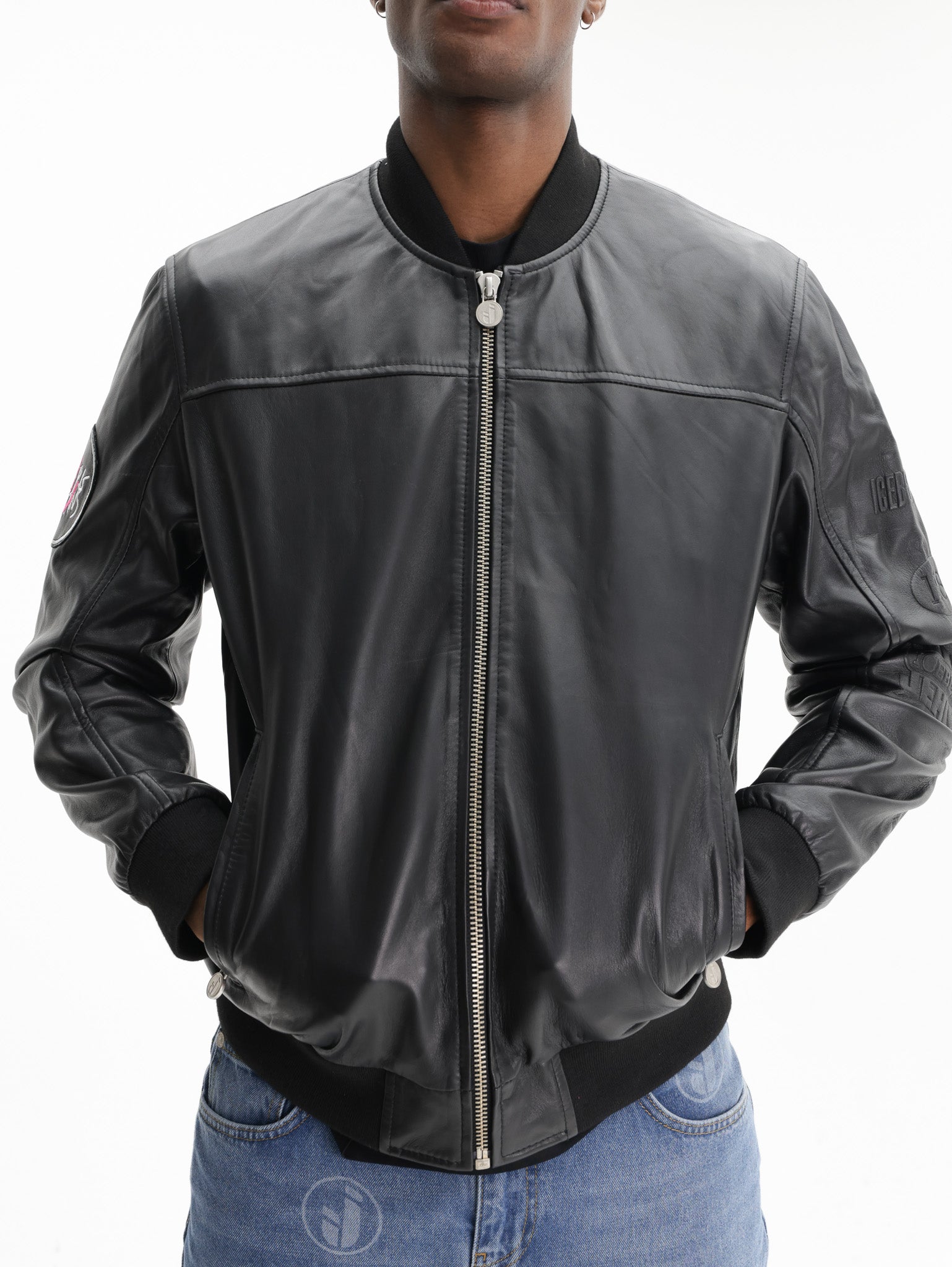 Iceberg Jeans Jacket Leather Silver Zip Black