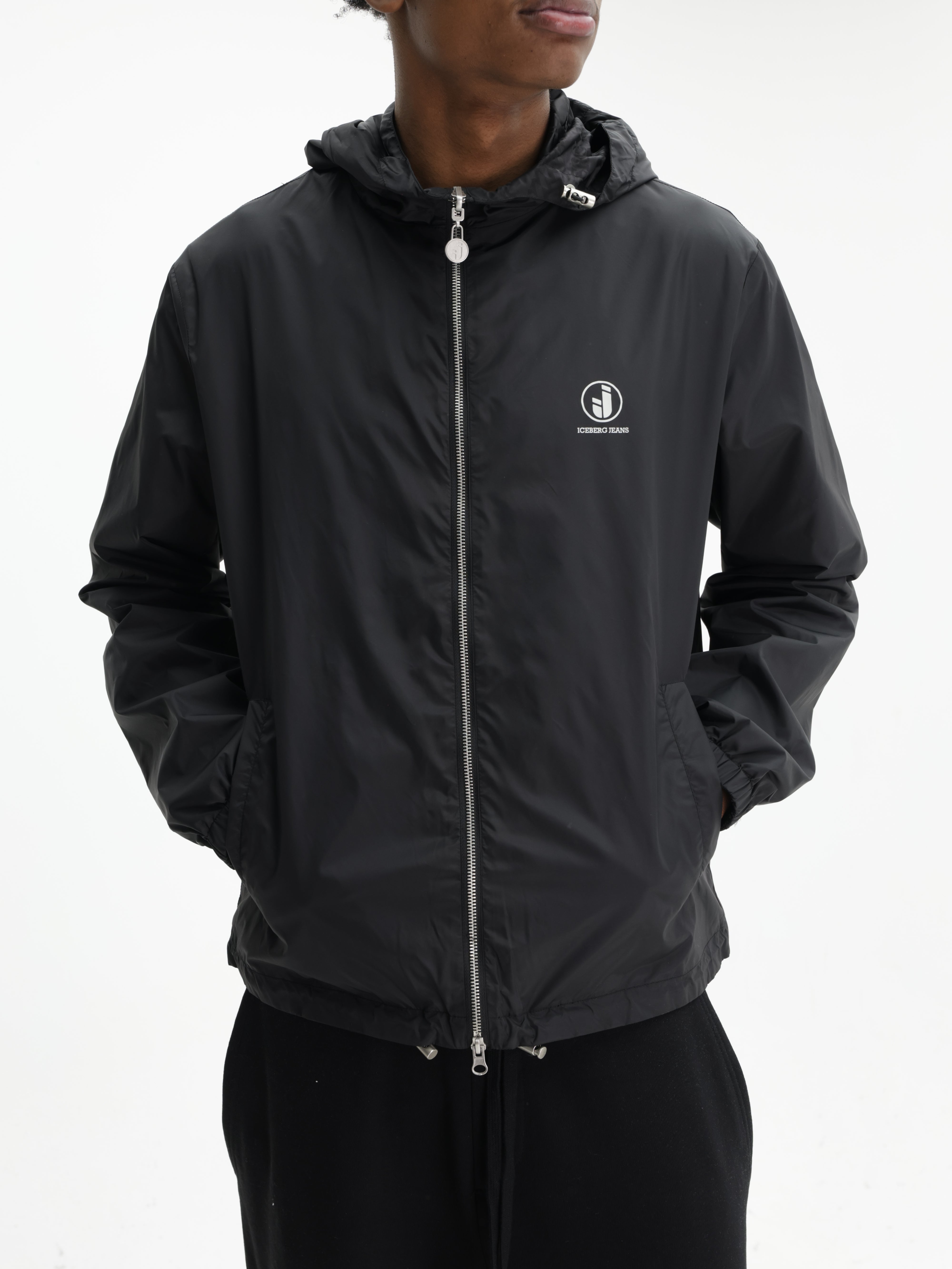 Iceberg Jeans Jacket Hooded Silver Zip Black