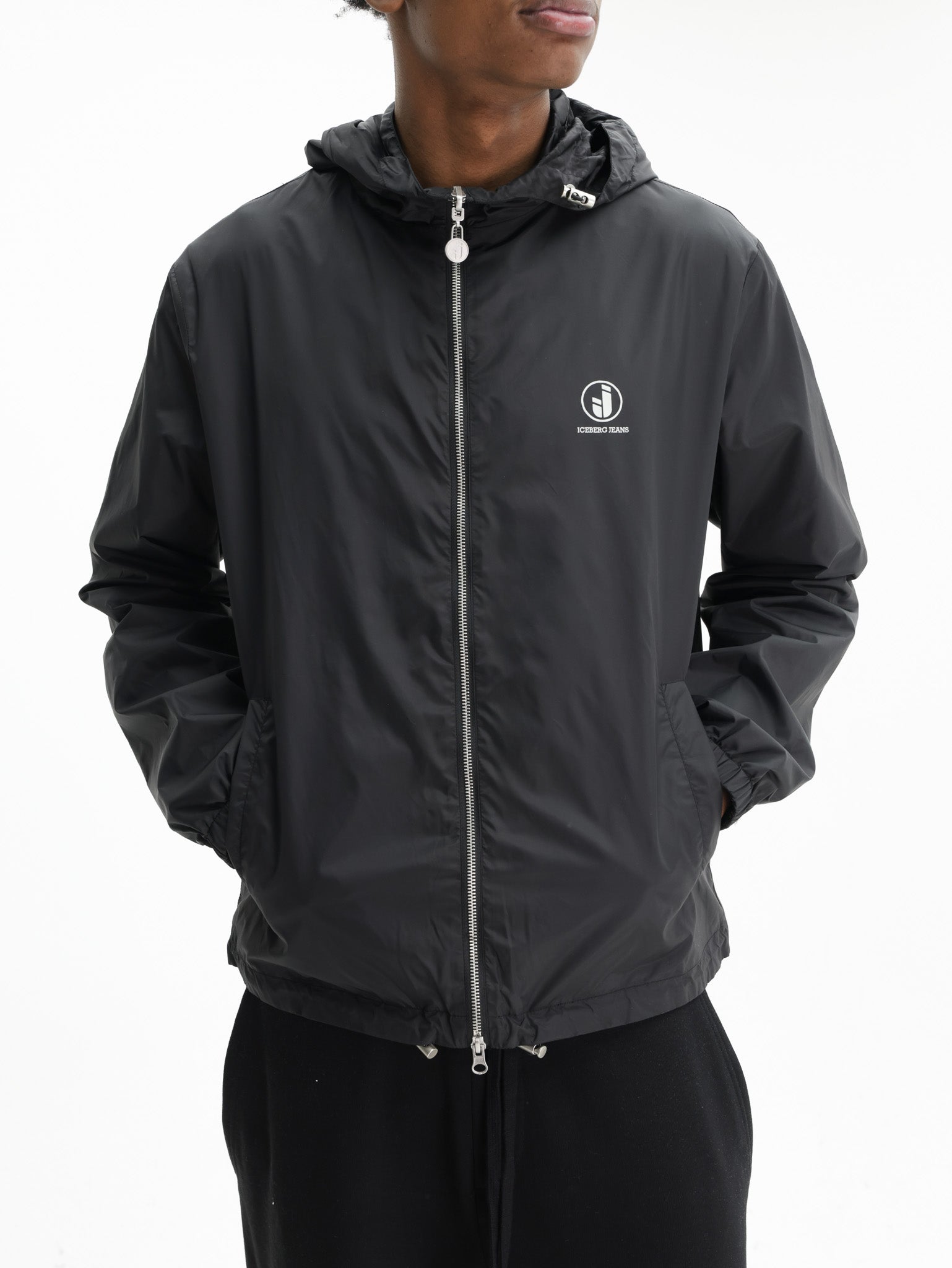 Iceberg Jeans Jacket Hooded Silver Zip Black