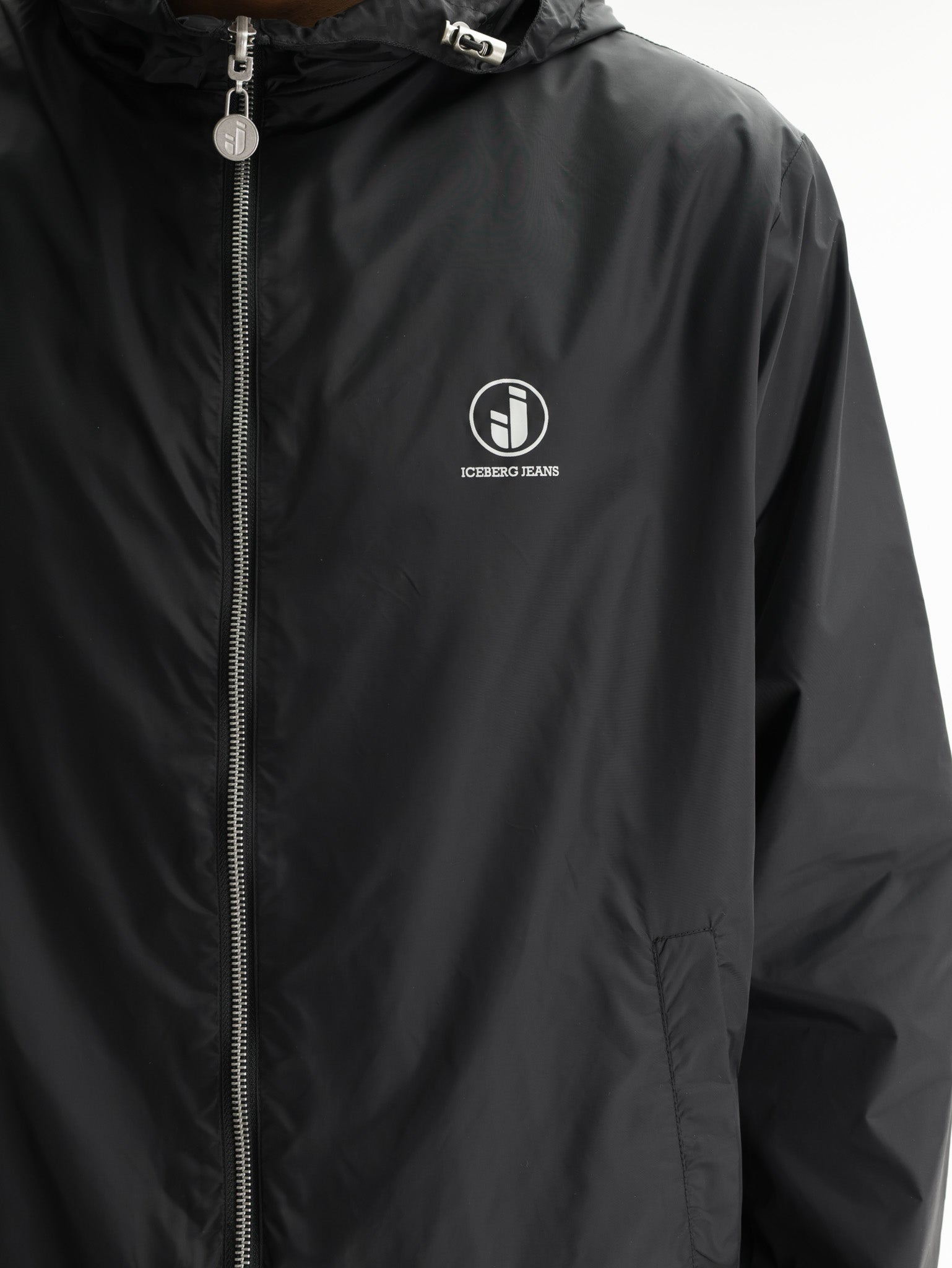 Iceberg Jeans Jacket Hooded Silver Zip Black