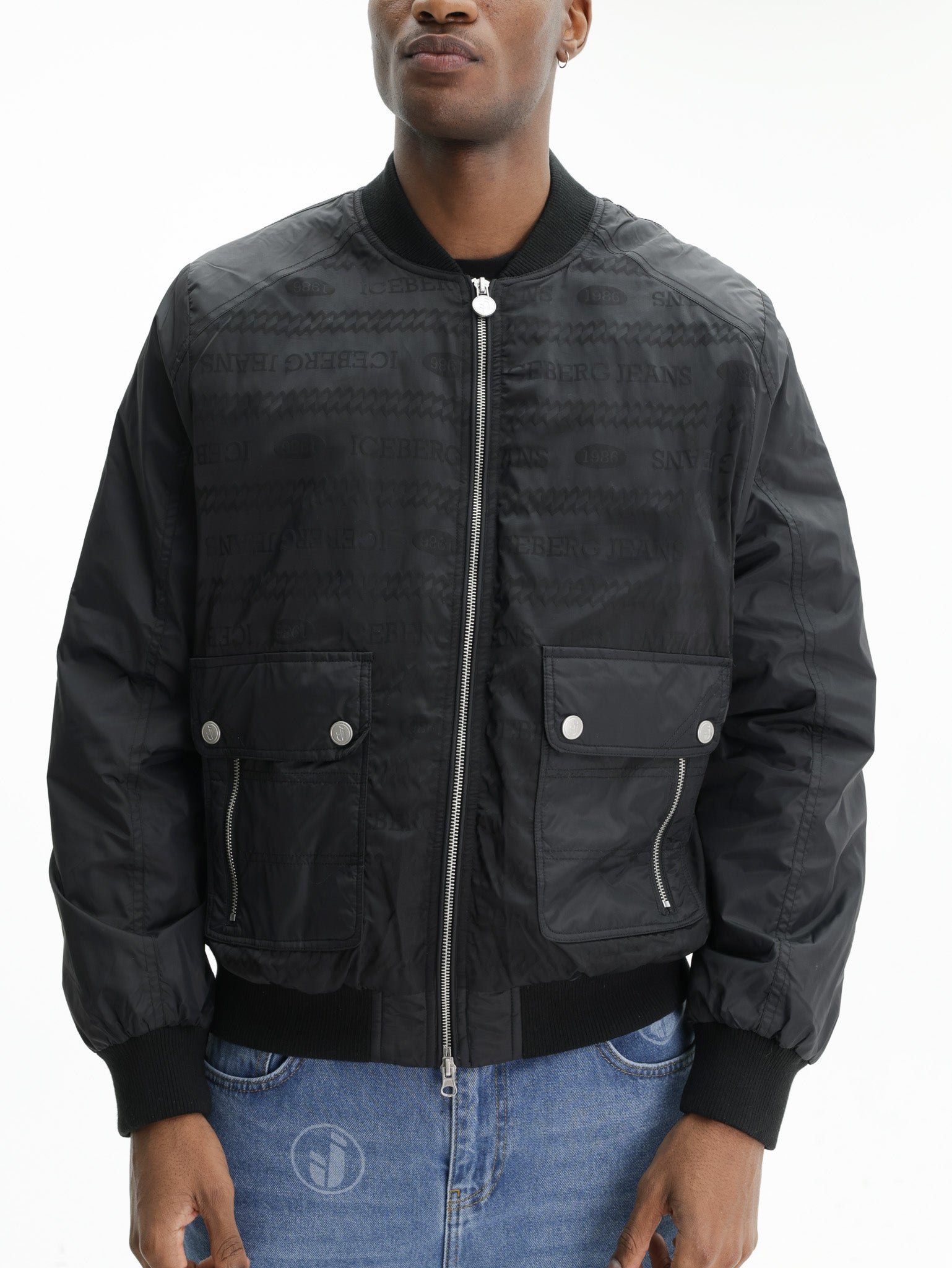 Iceberg Jeans Jacket Silver Zip Cuffed Black