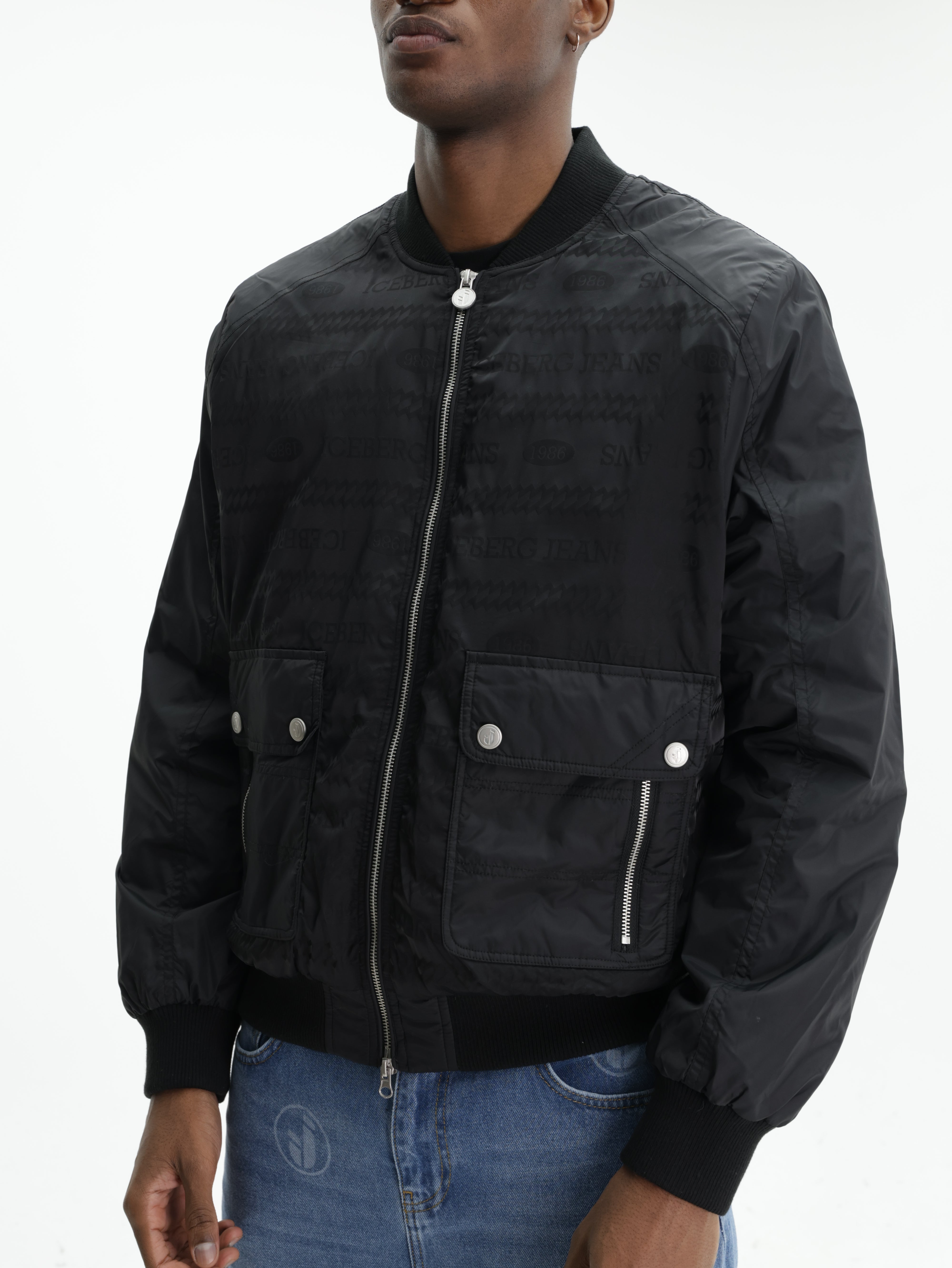 Iceberg Jeans Jacket Silver Zip Cuffed Black