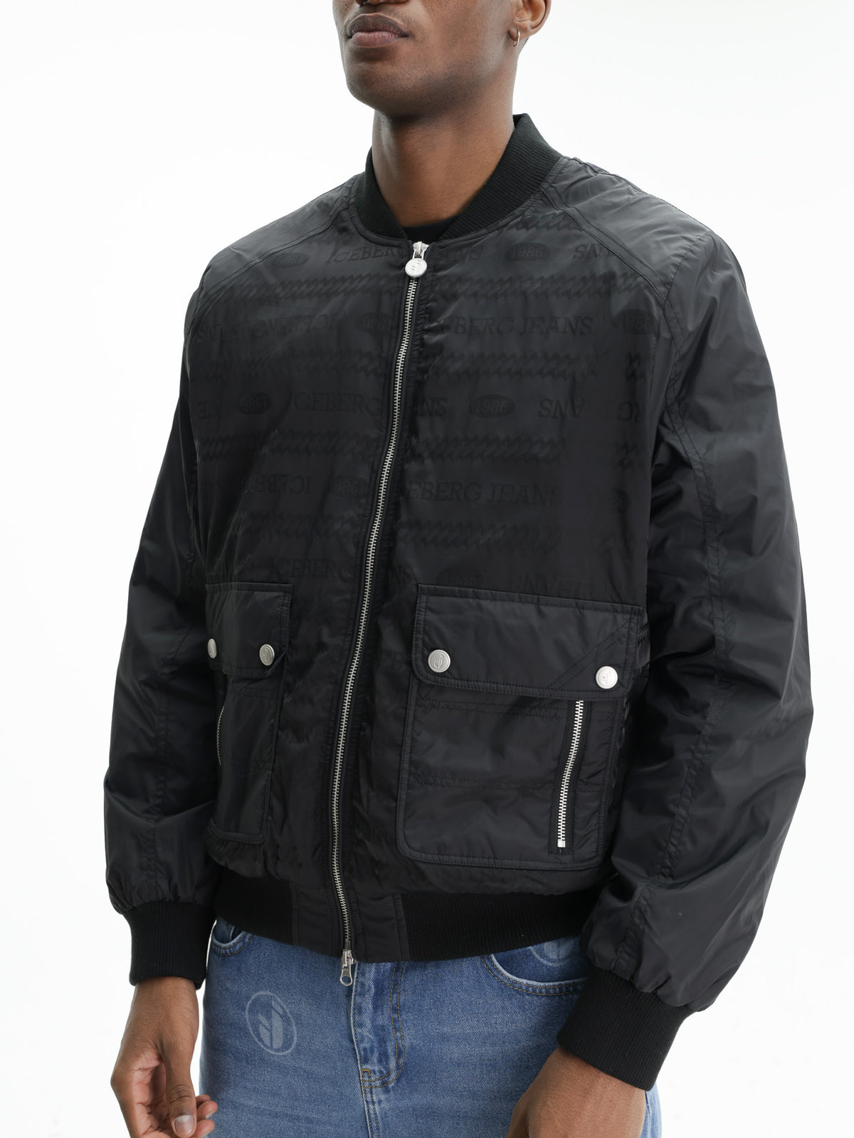 Iceberg Jeans Jacket Silver Zip Cuffed Black