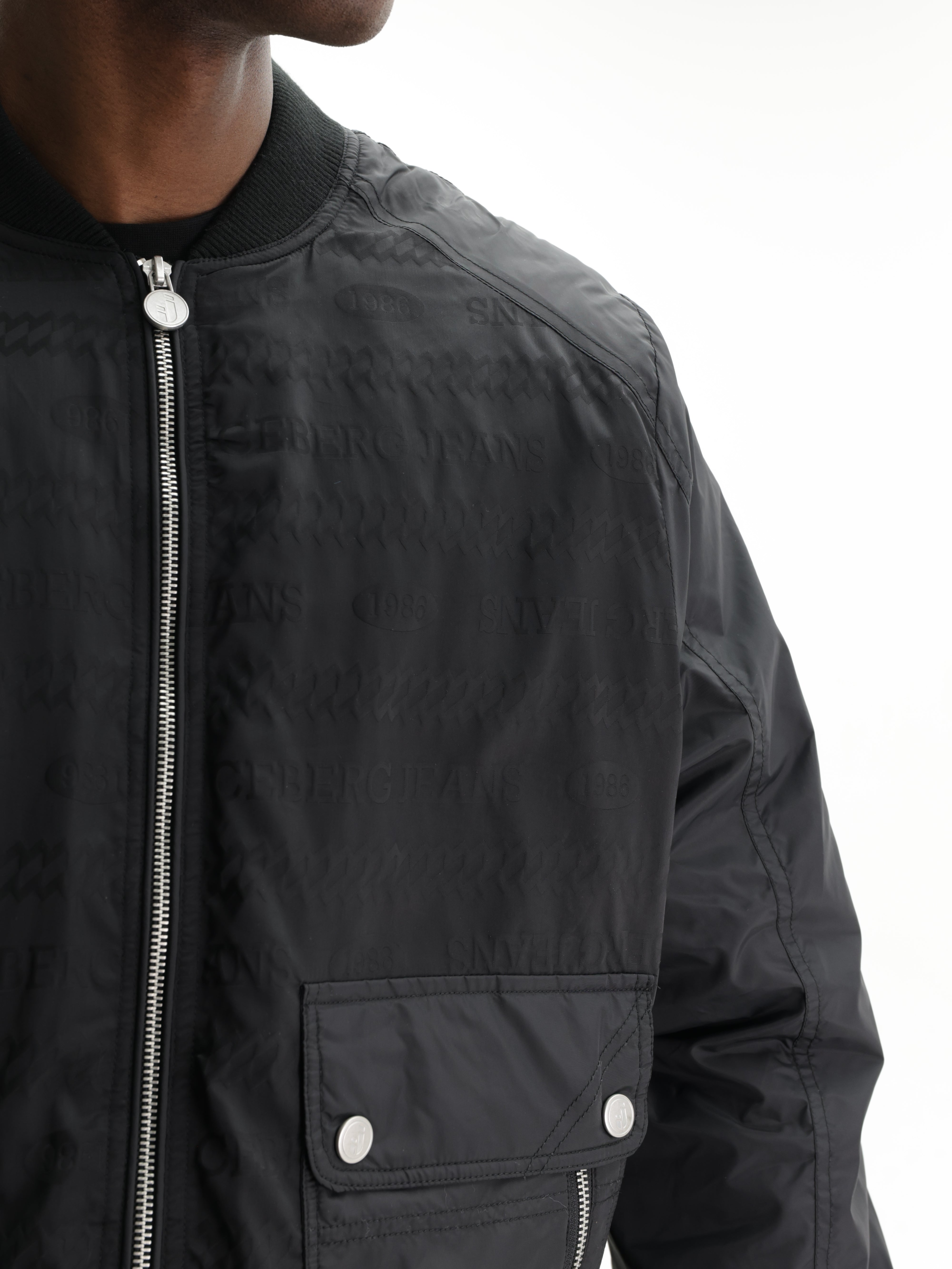 Iceberg Jeans Jacket Silver Zip Cuffed Black