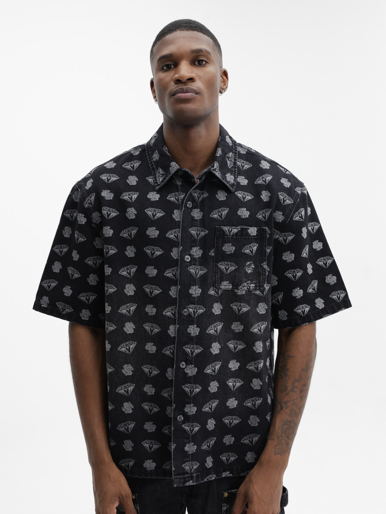 Billionaire Boys Club Denim Shirt Diamonds & Dollars Oversized Ss Black