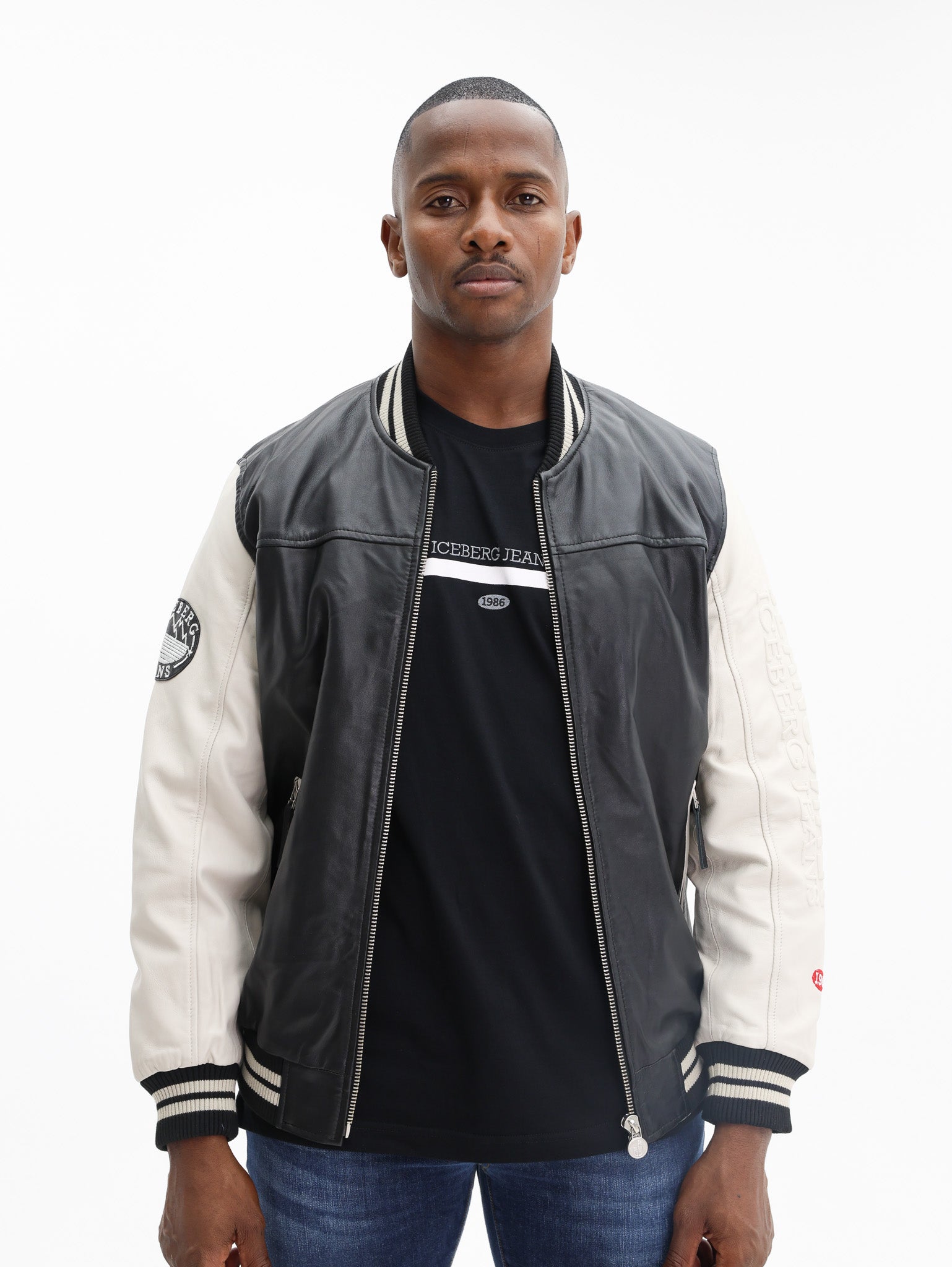 Iceberg Leather-Jacket Lambskin Varsity Black-White