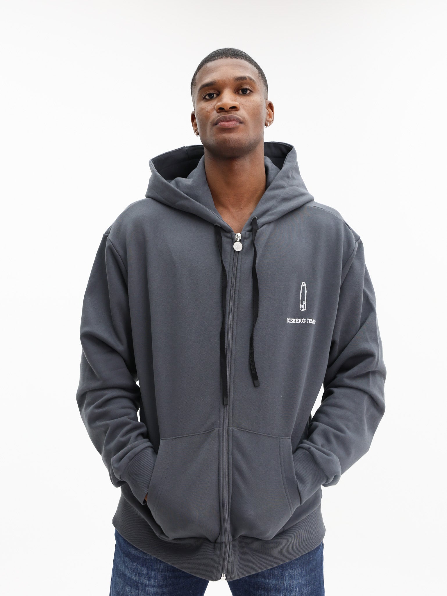 Iceberg Hoodie Diagonal Fleece Logo Print Black