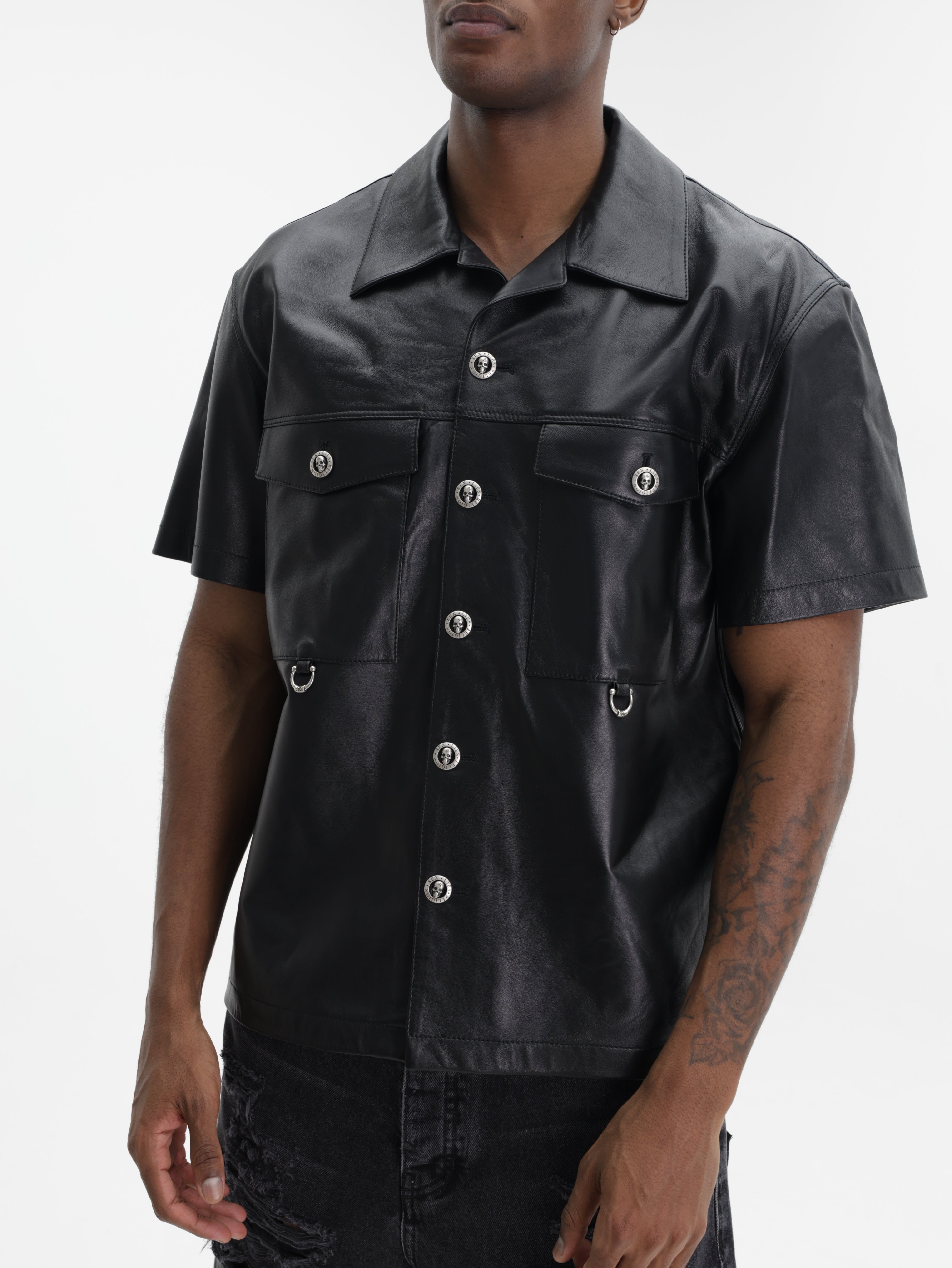 John Richmond Shirt Leather Collar Black