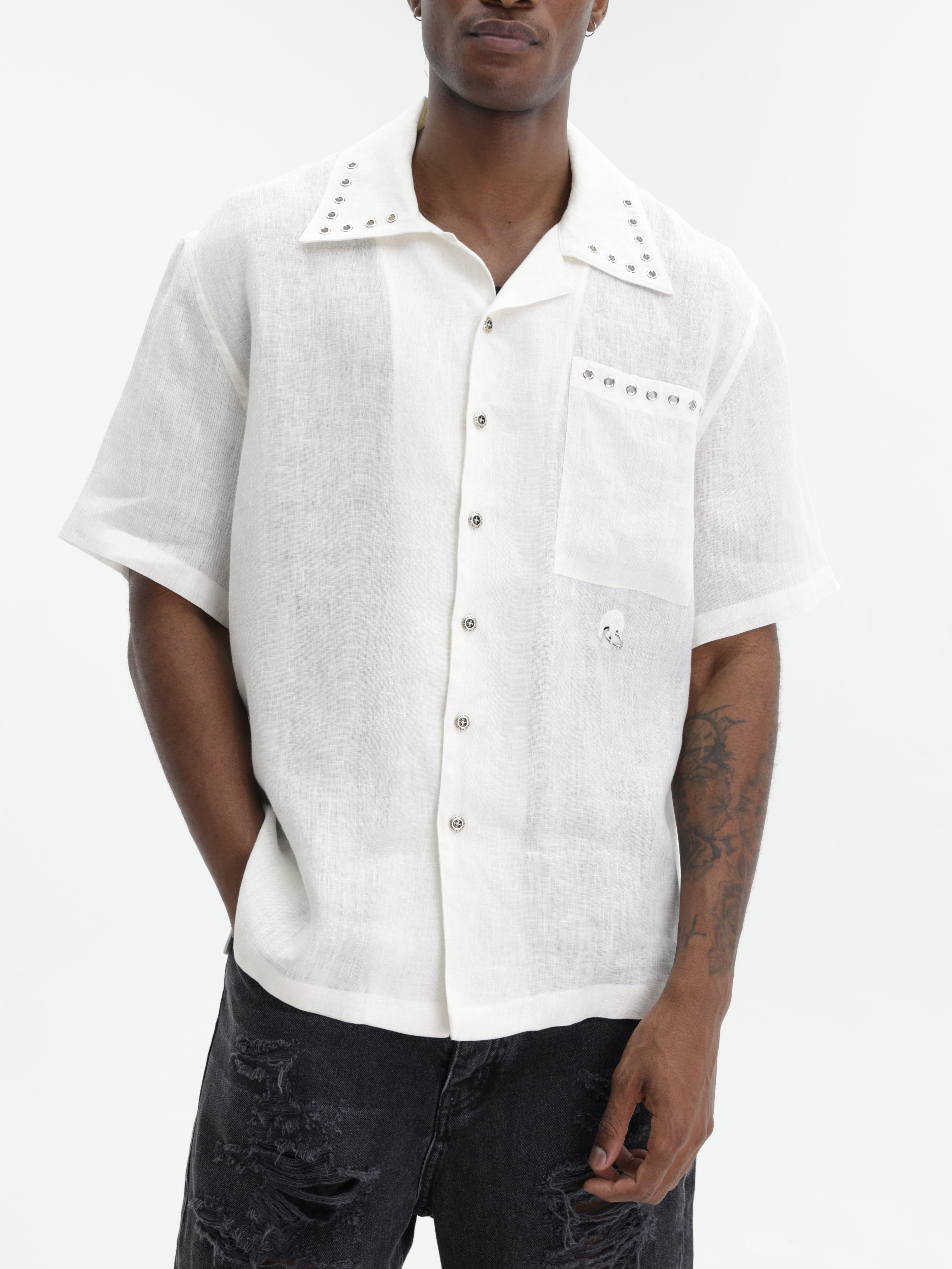 John Richmond Shirt Silver Holed Collar White