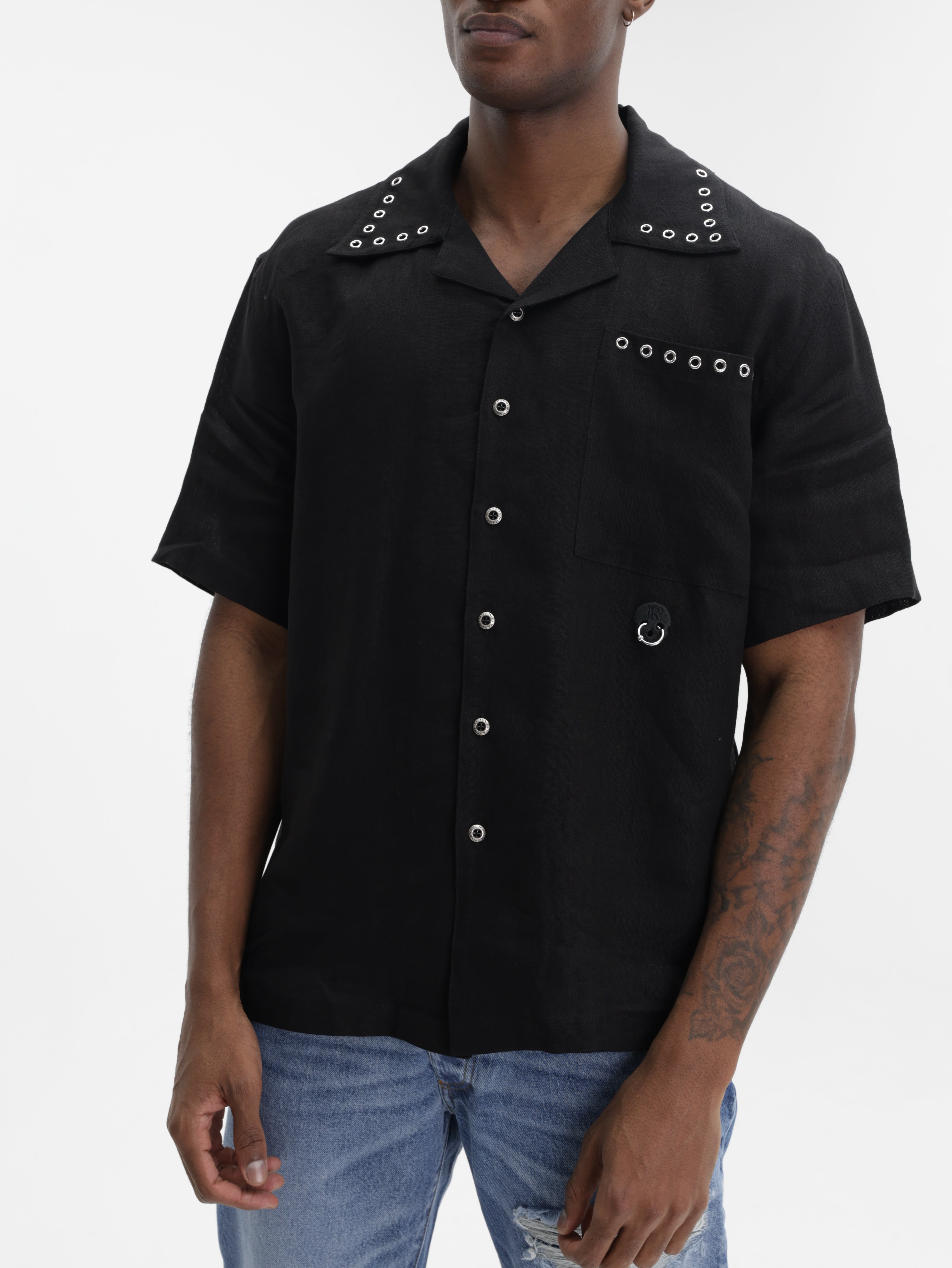 John Richmond Shirt Silver Holed Collar Black