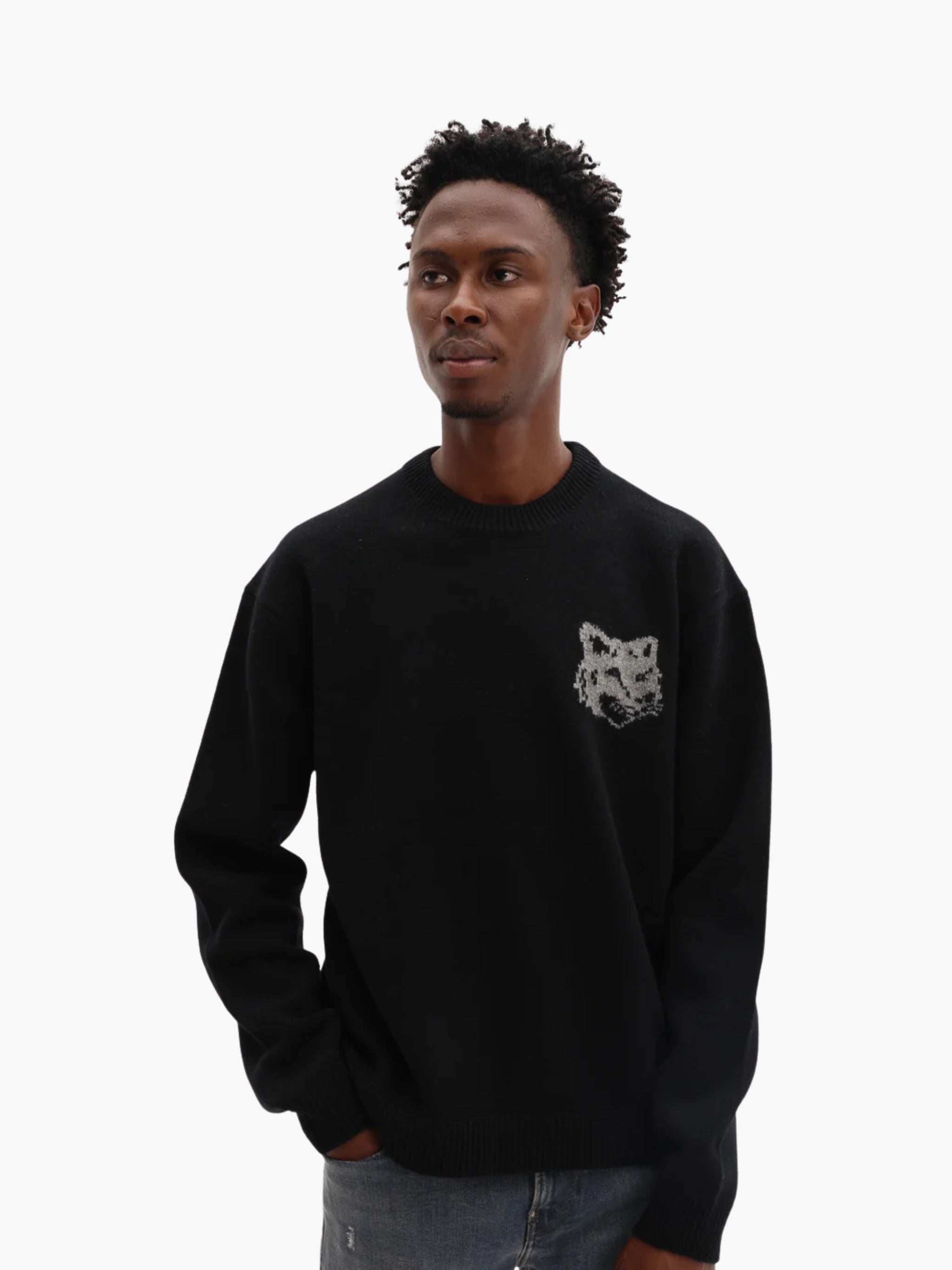 Maison Kitsune Sweater Fox Head Intarsia Black-Med Grey