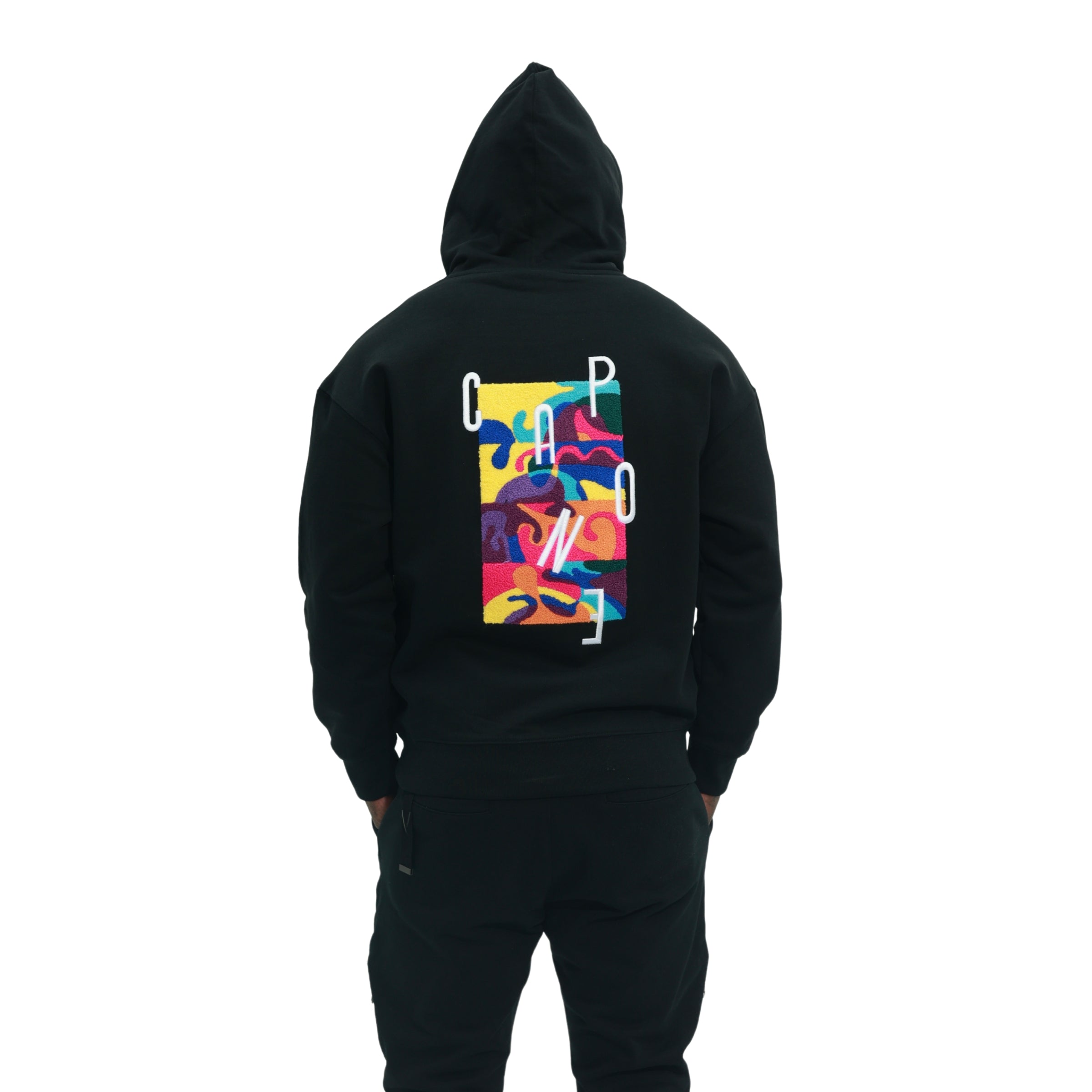Capone Sweater Hooded Colourful Back Print Black