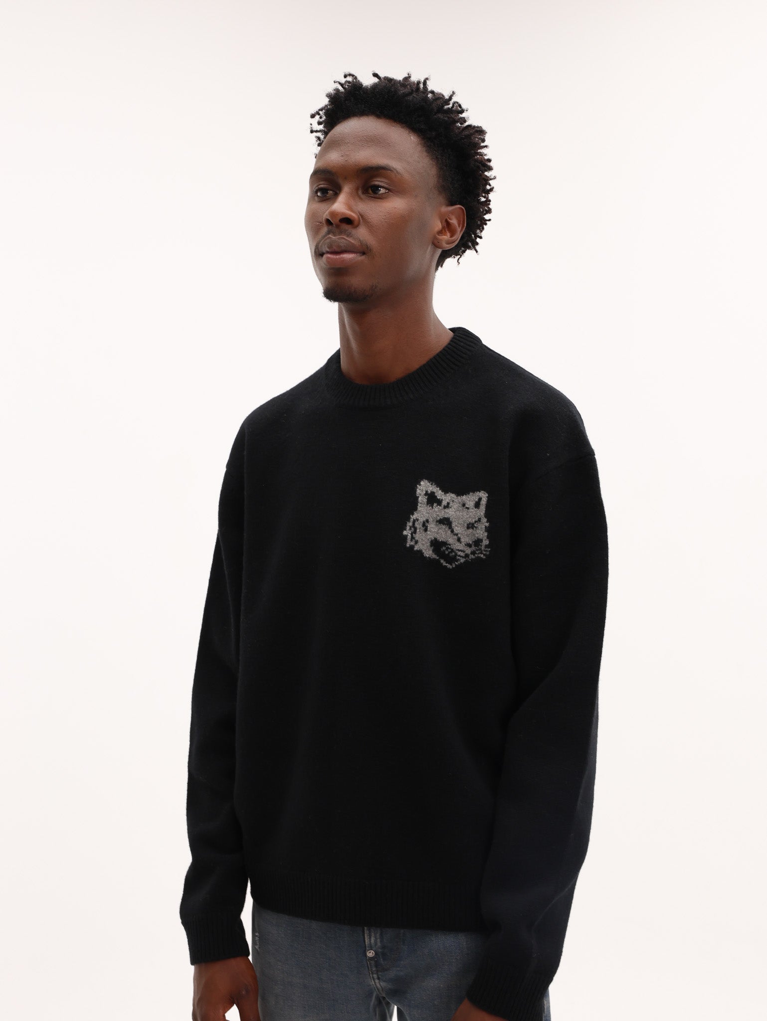 Maison Kitsune Sweater Fox Head Intarsia Black-Med Grey