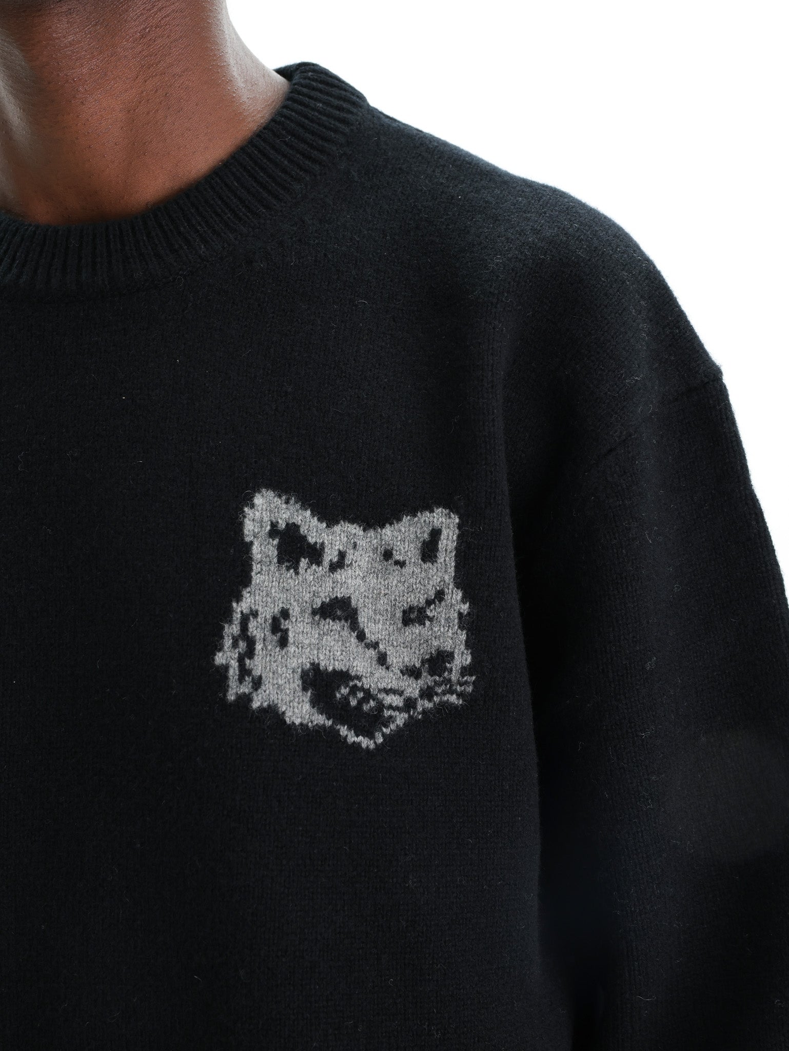 Maison Kitsune Sweater Fox Head Intarsia Black-Med Grey