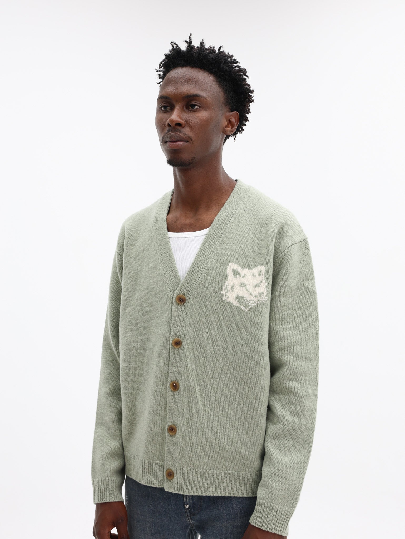 Maison Kitsune Cardigan Fox Head Intarsia Sage Green-Ecru