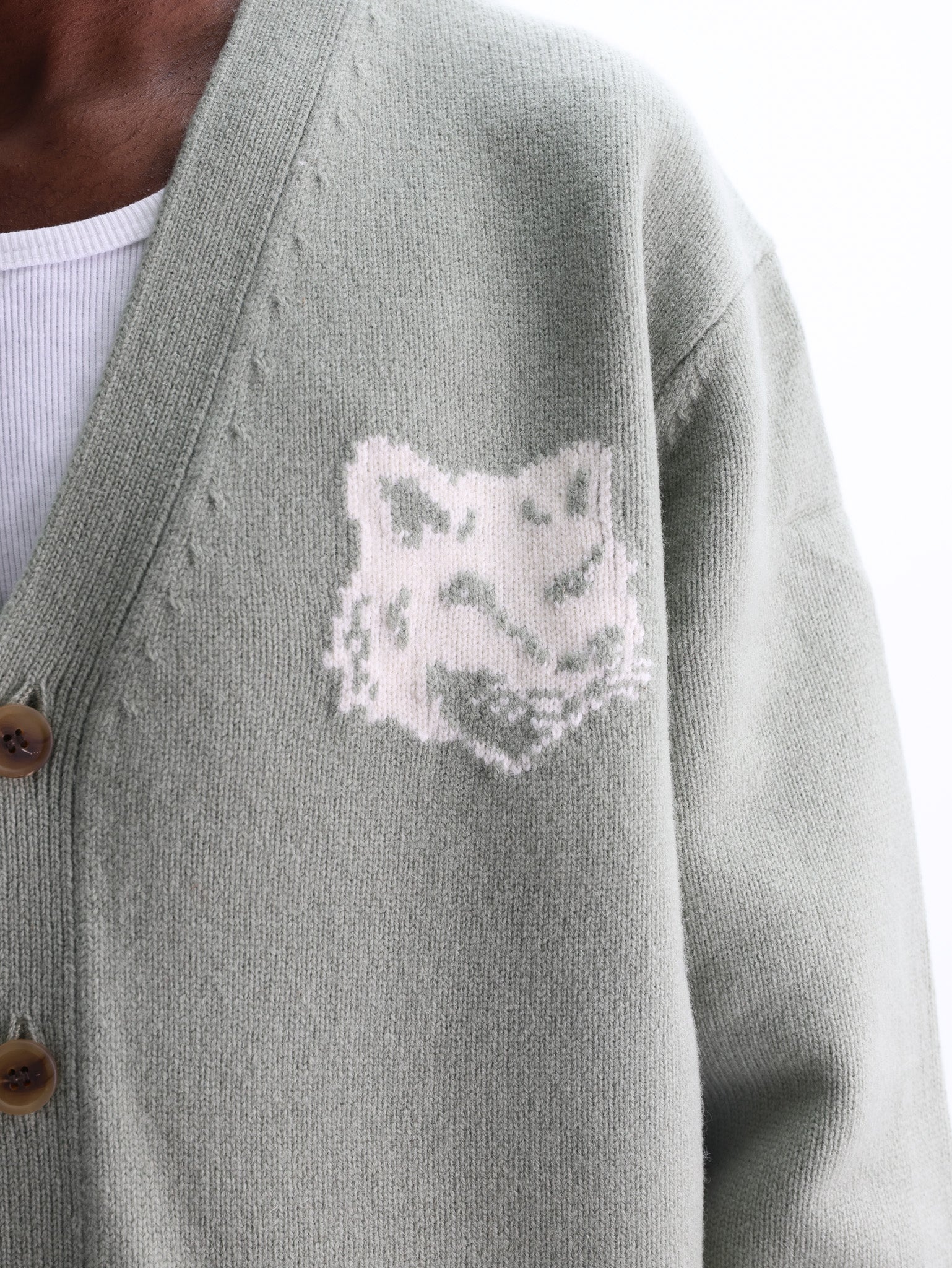 Maison Kitsune Cardigan Fox Head Intarsia Sage Green-Ecru