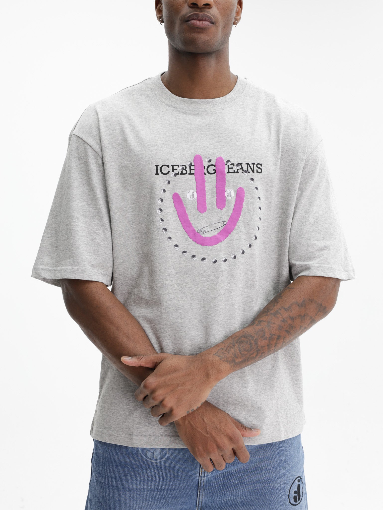 Iceberg Jeans T-Shirt Purple Smiley Print Grey