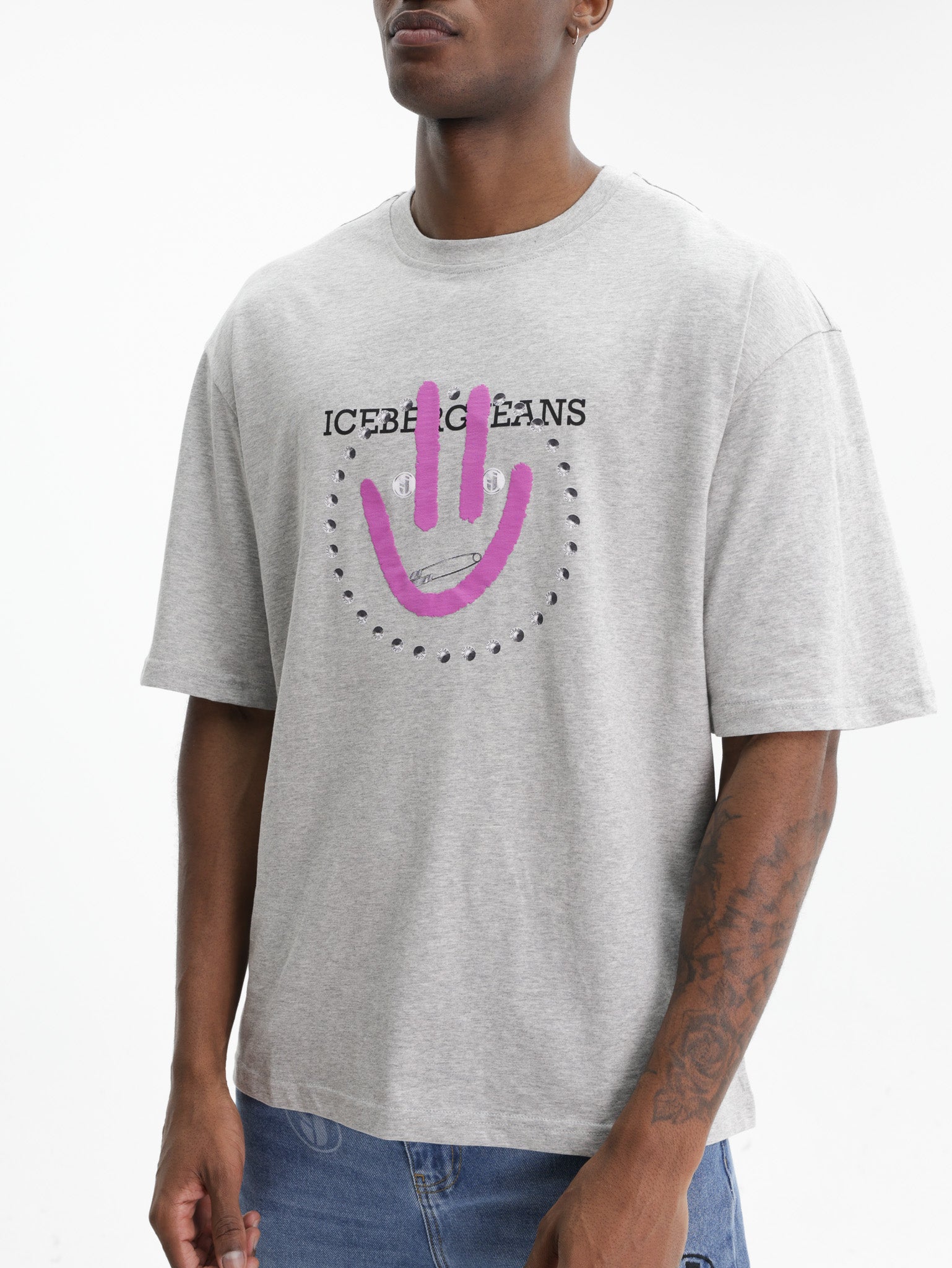 Iceberg Jeans T-Shirt Purple Smiley Print Grey