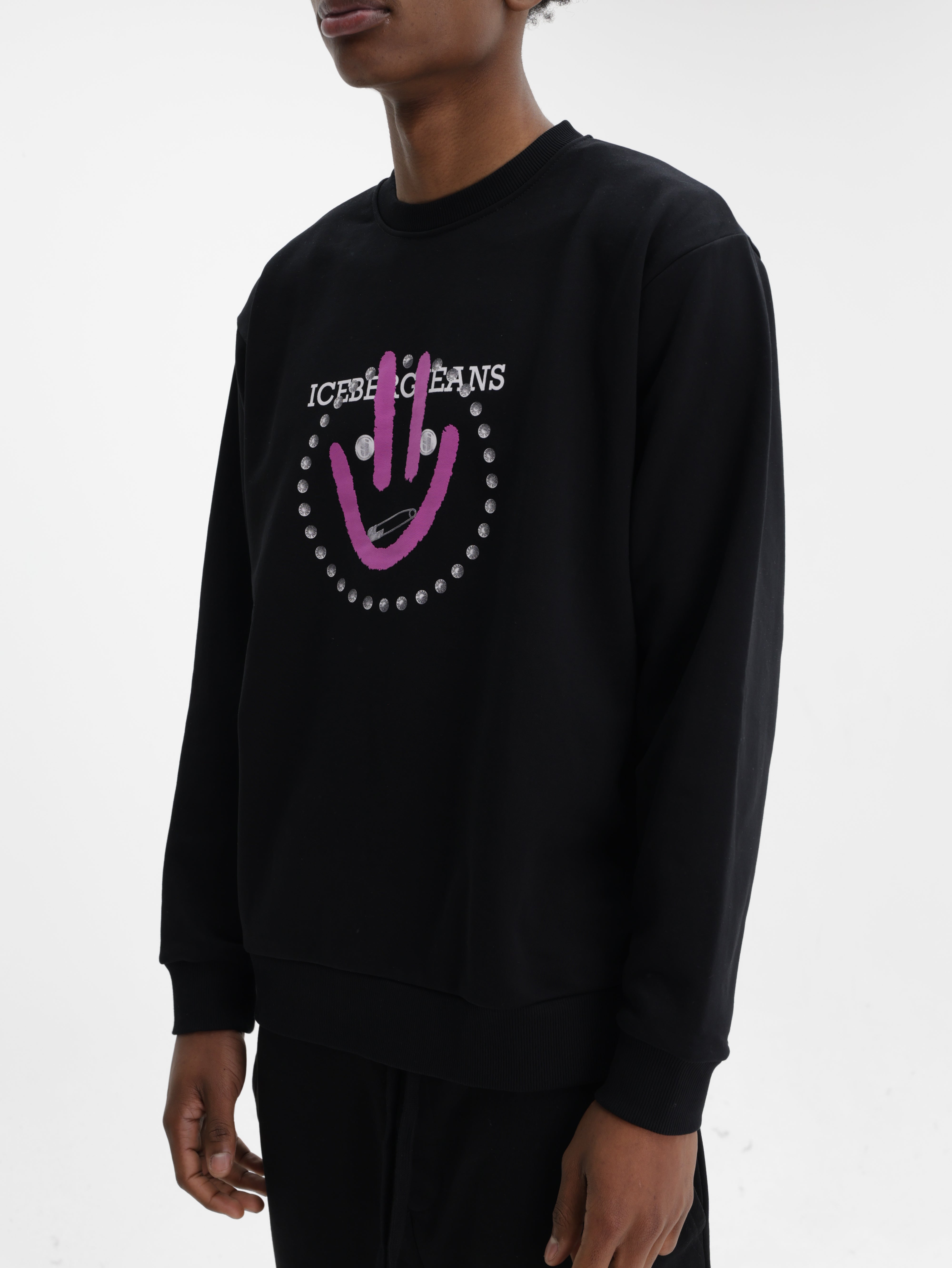 Iceberg Jeans Sweater Pruple Smiley Print Black