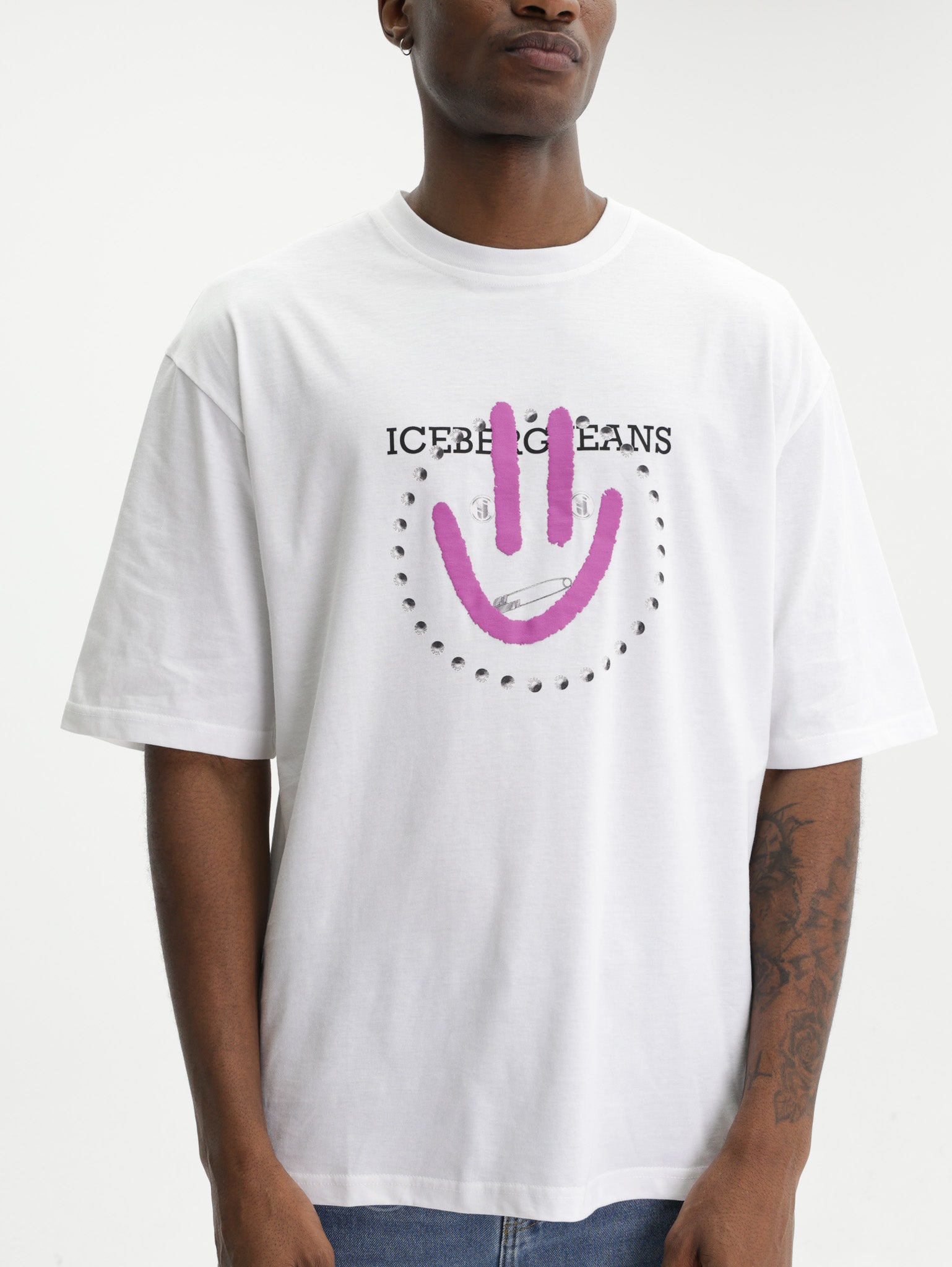 Iceberg Jeans T-Shirt Purple Smiley Print White