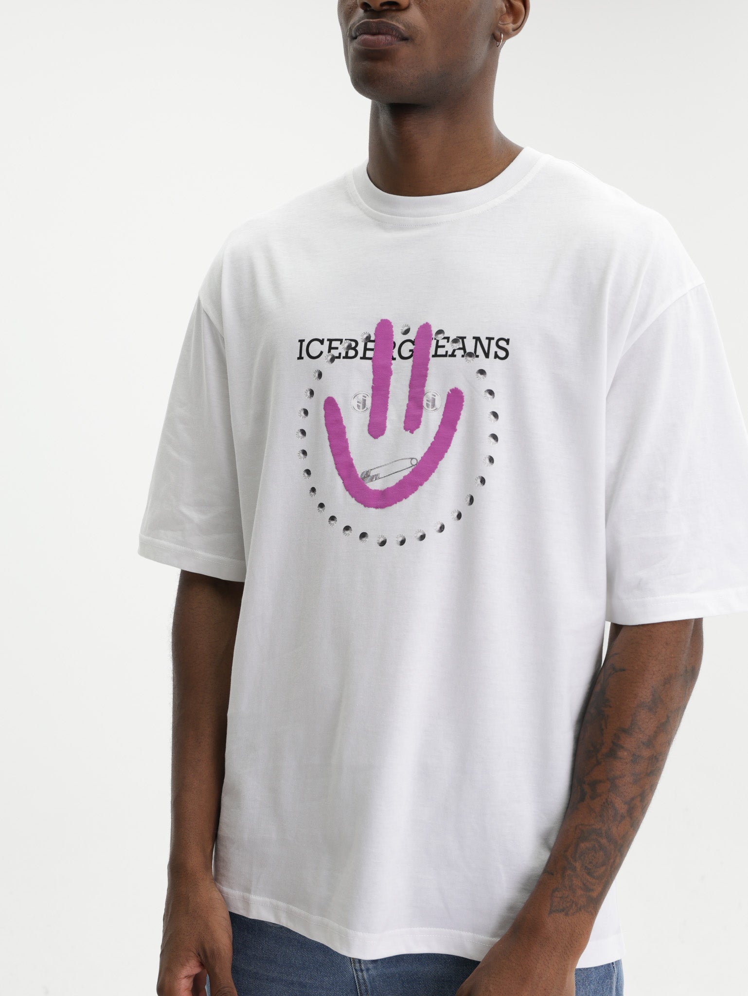 Iceberg Jeans T-Shirt Purple Smiley Print White