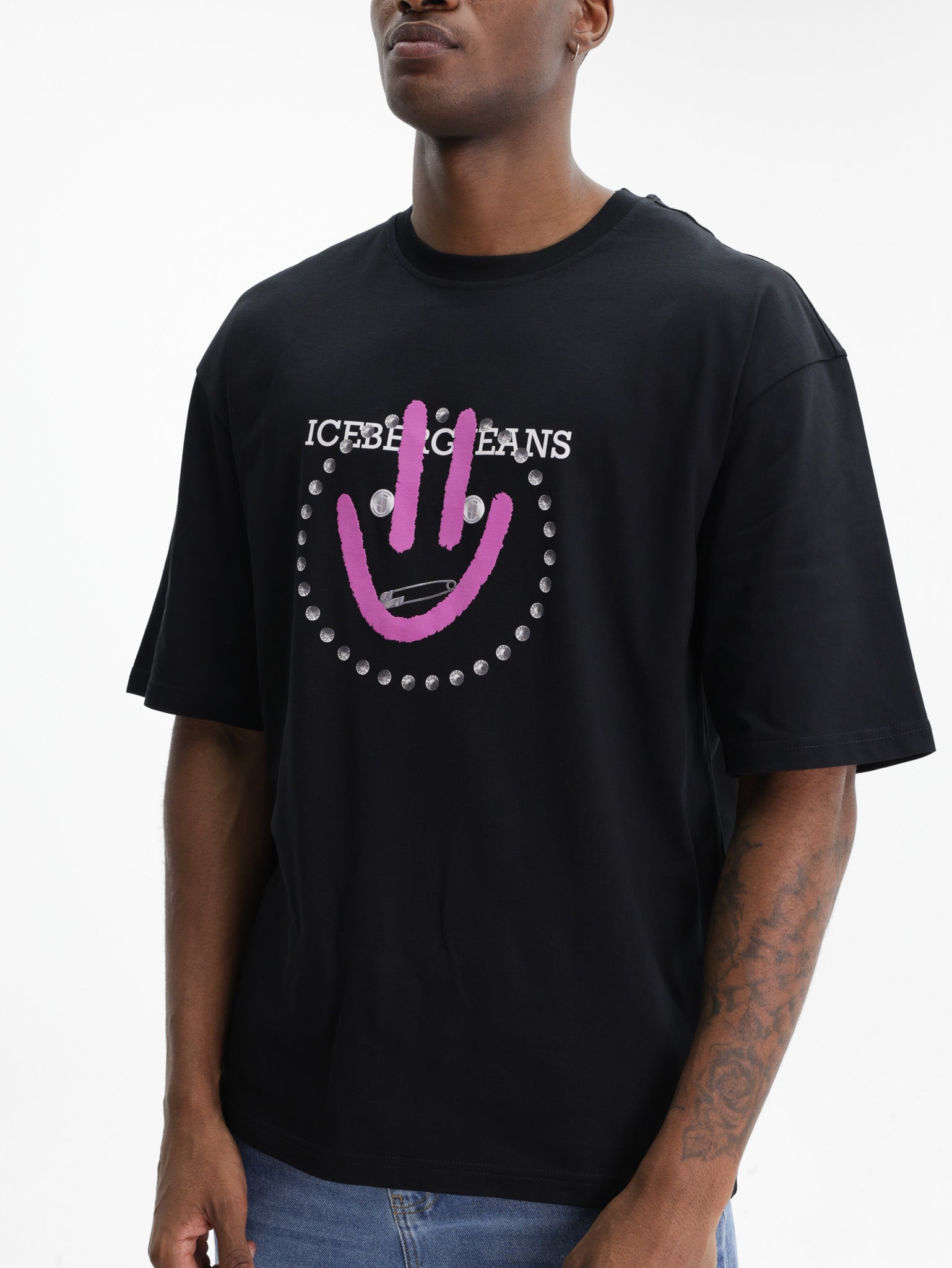 Iceberg Jeans T-Shirt Purple Smiley Print Black