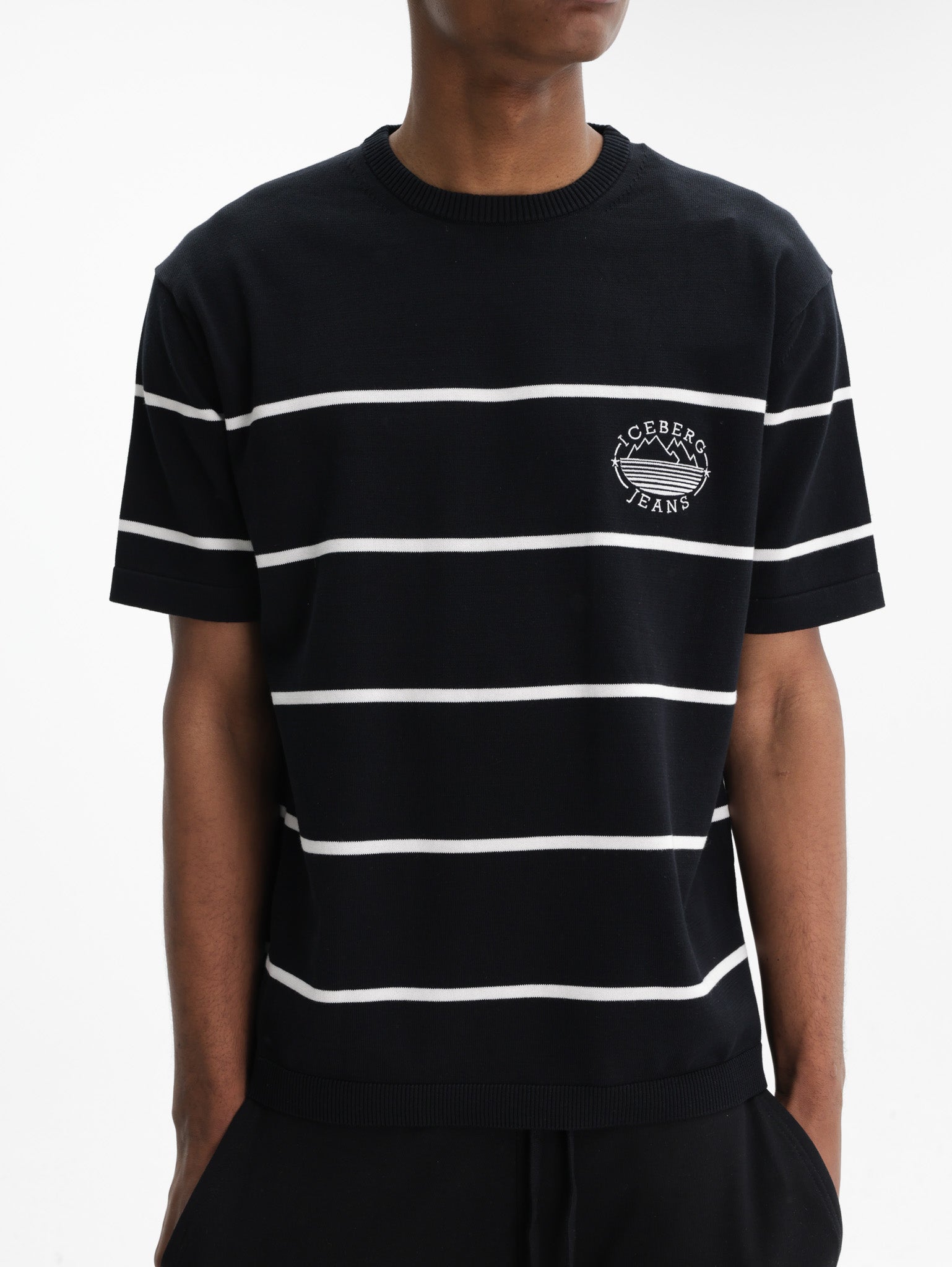 Iceberg Jeans T-Shirt Horiz White Stripe Black