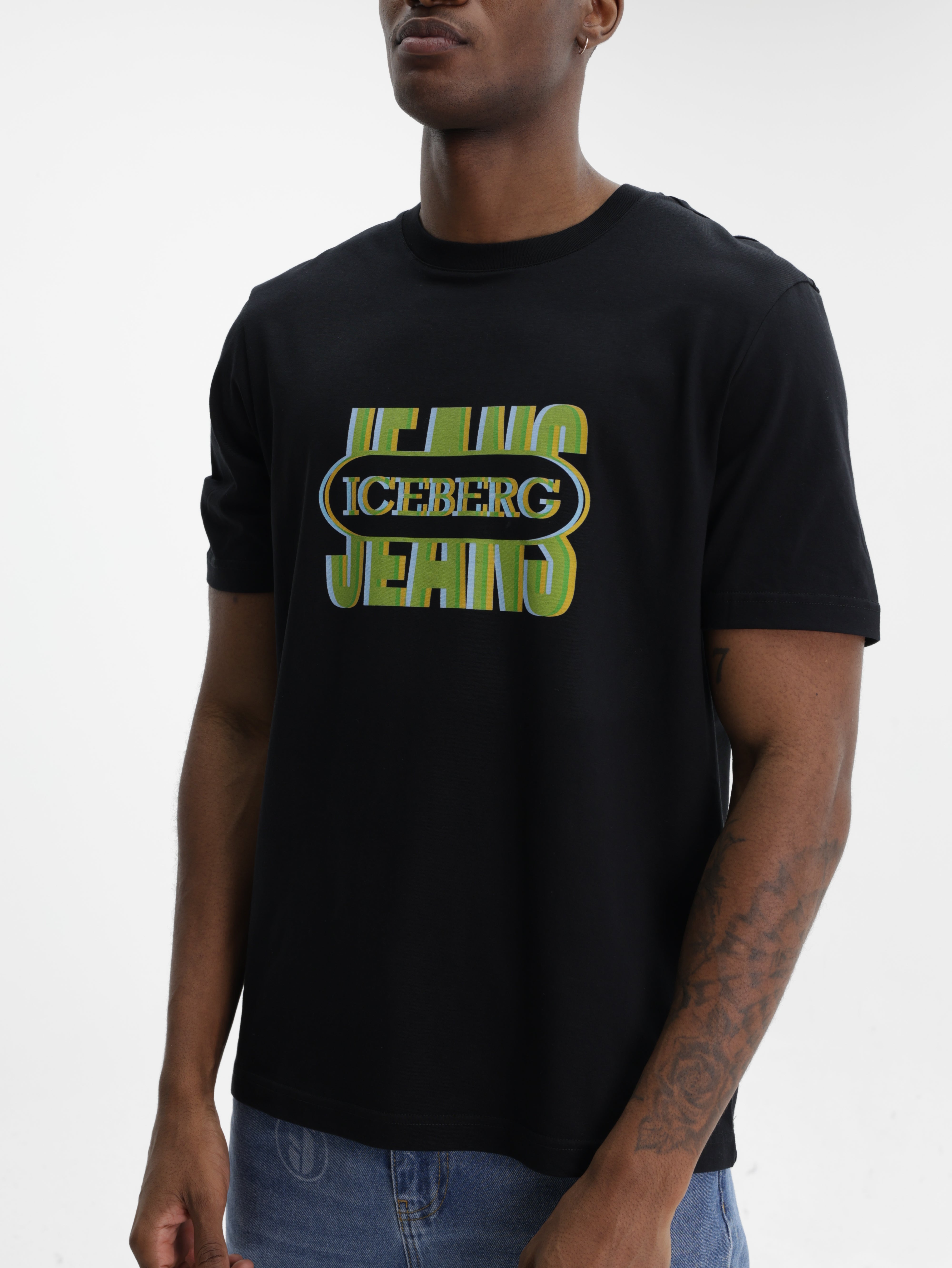 Iceberg Jeans T-Shirt Green Logo Print Black