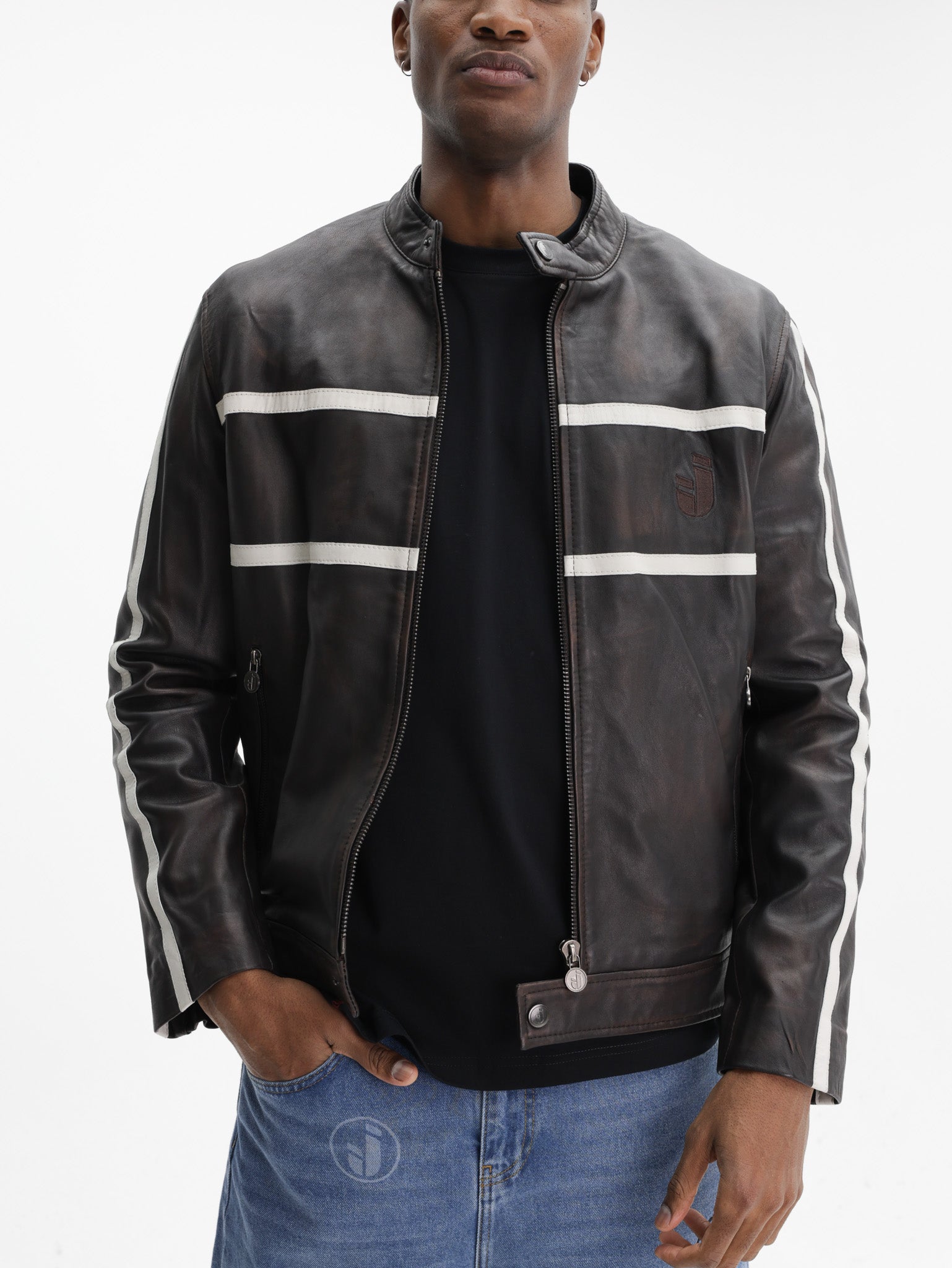 Iceberg Jeans Jacket White Stripe Leather Black