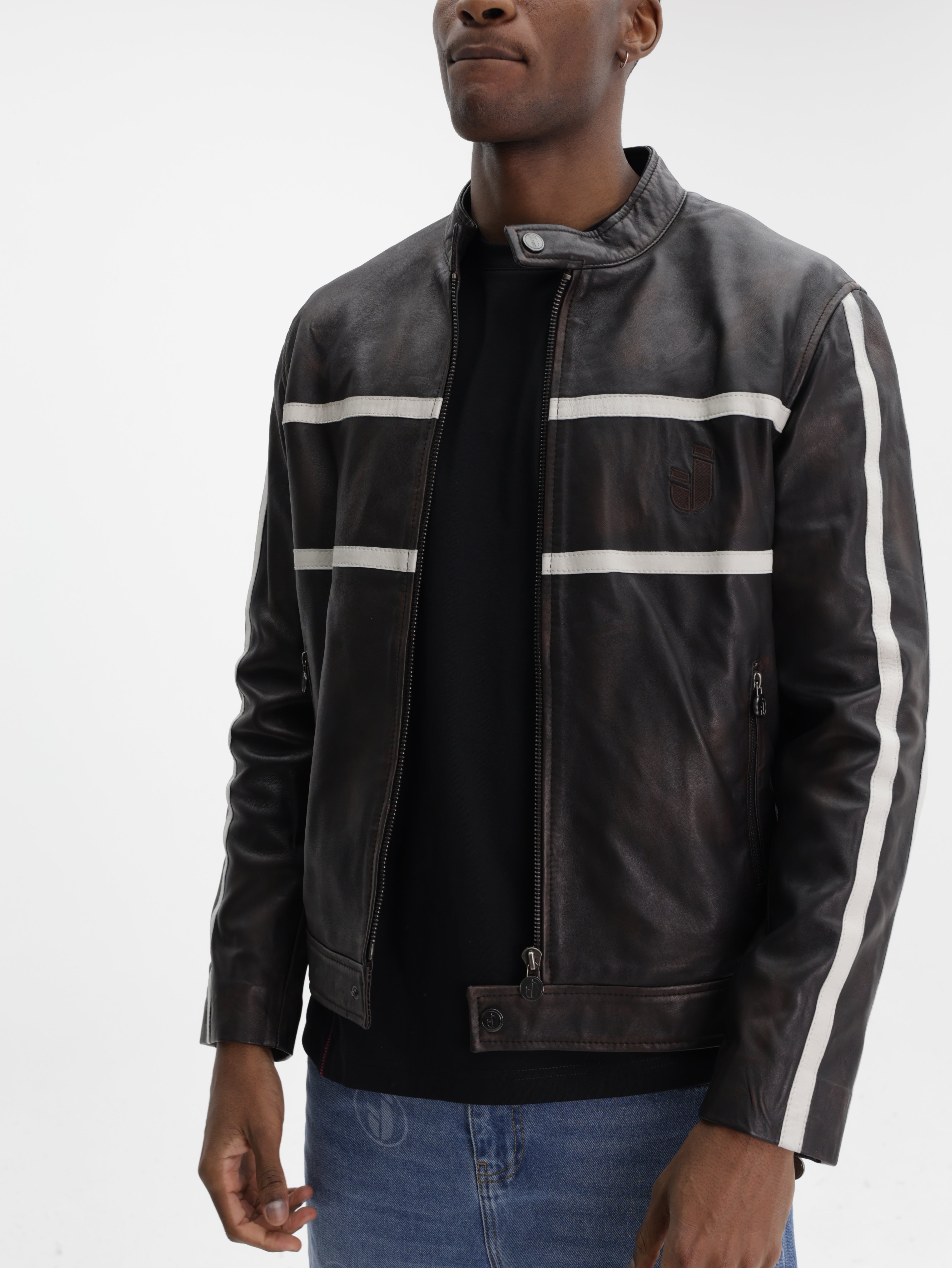 Iceberg Jeans Jacket White Stripe Leather Black