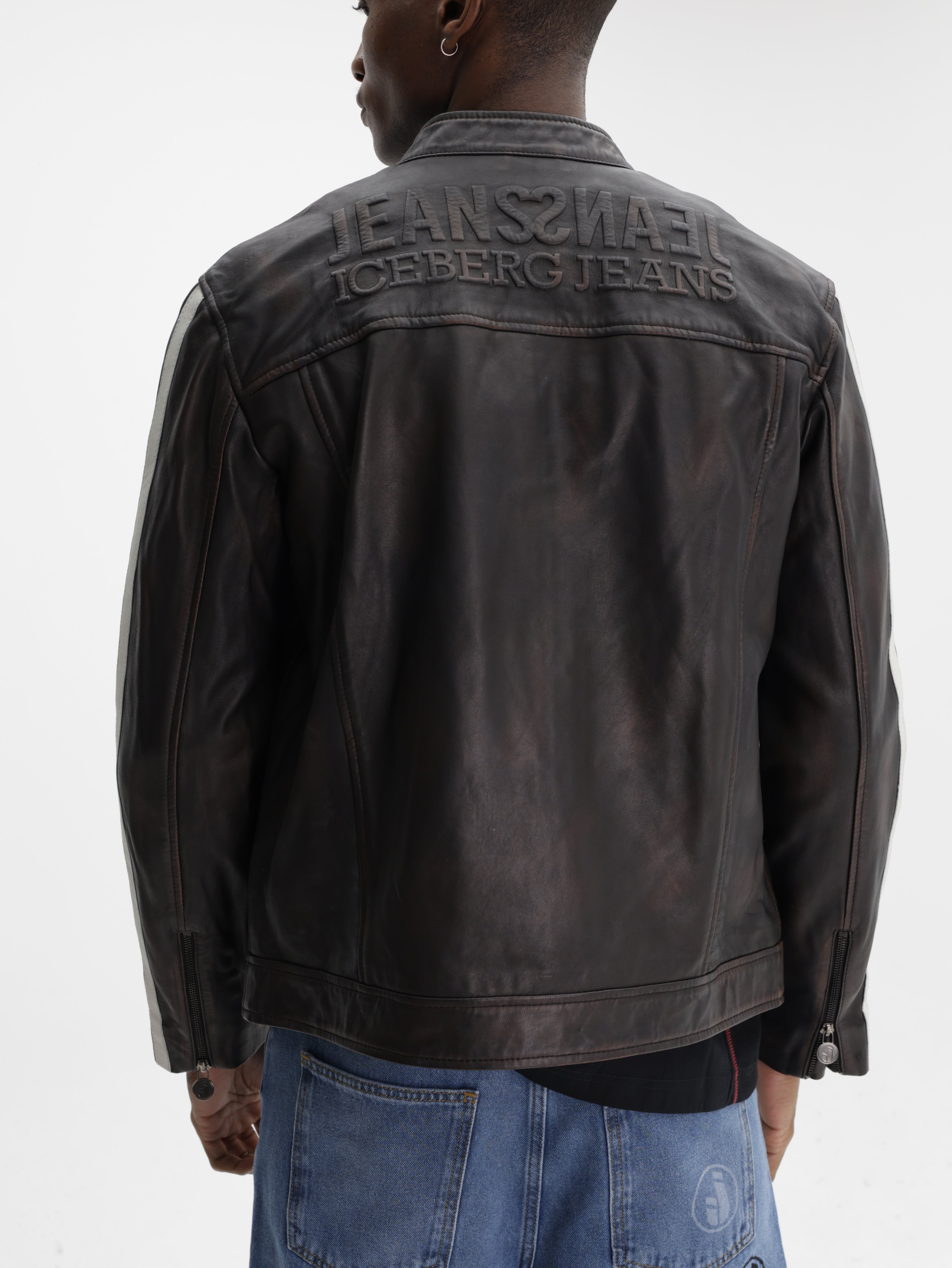 Iceberg Jeans Jacket White Stripe Leather Black