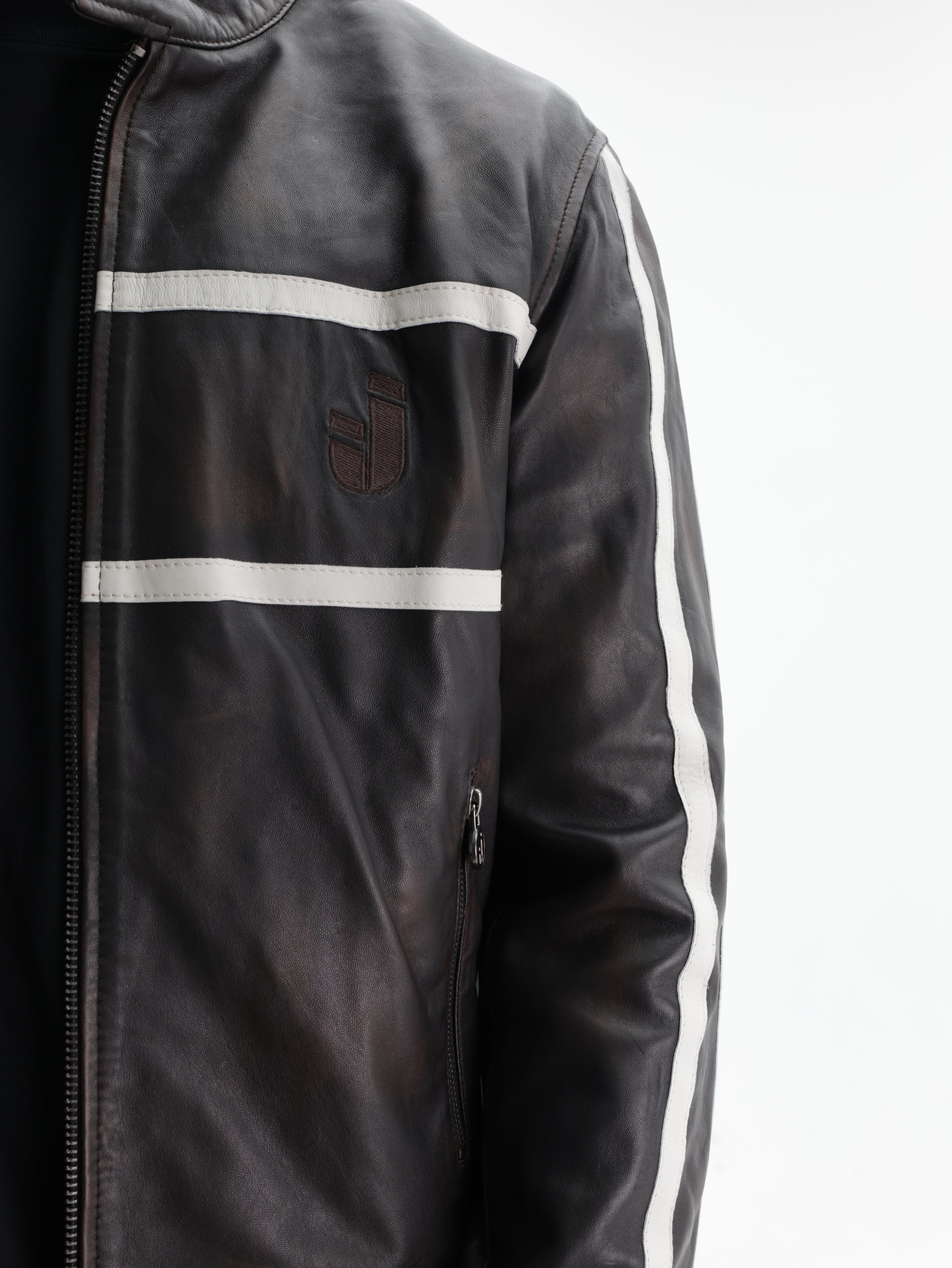 Iceberg Jeans Jacket White Stripe Leather Black