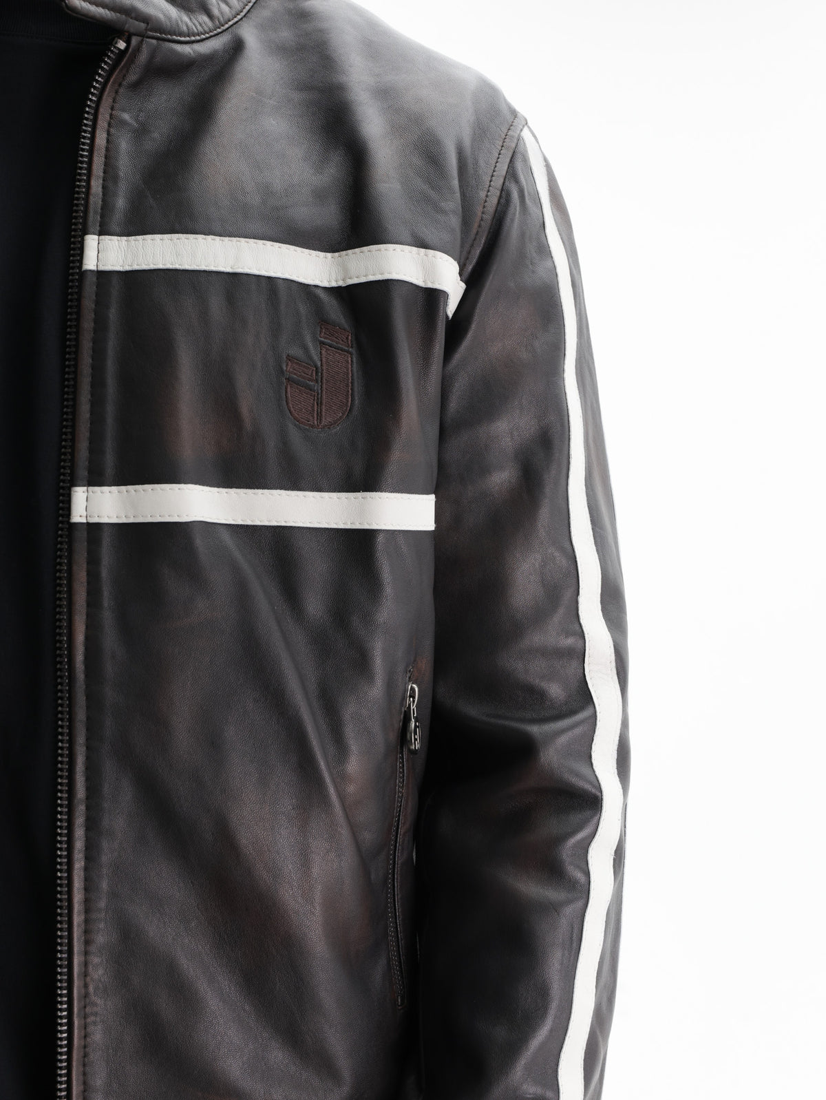 Iceberg Jeans Jacket White Stripe Leather Black