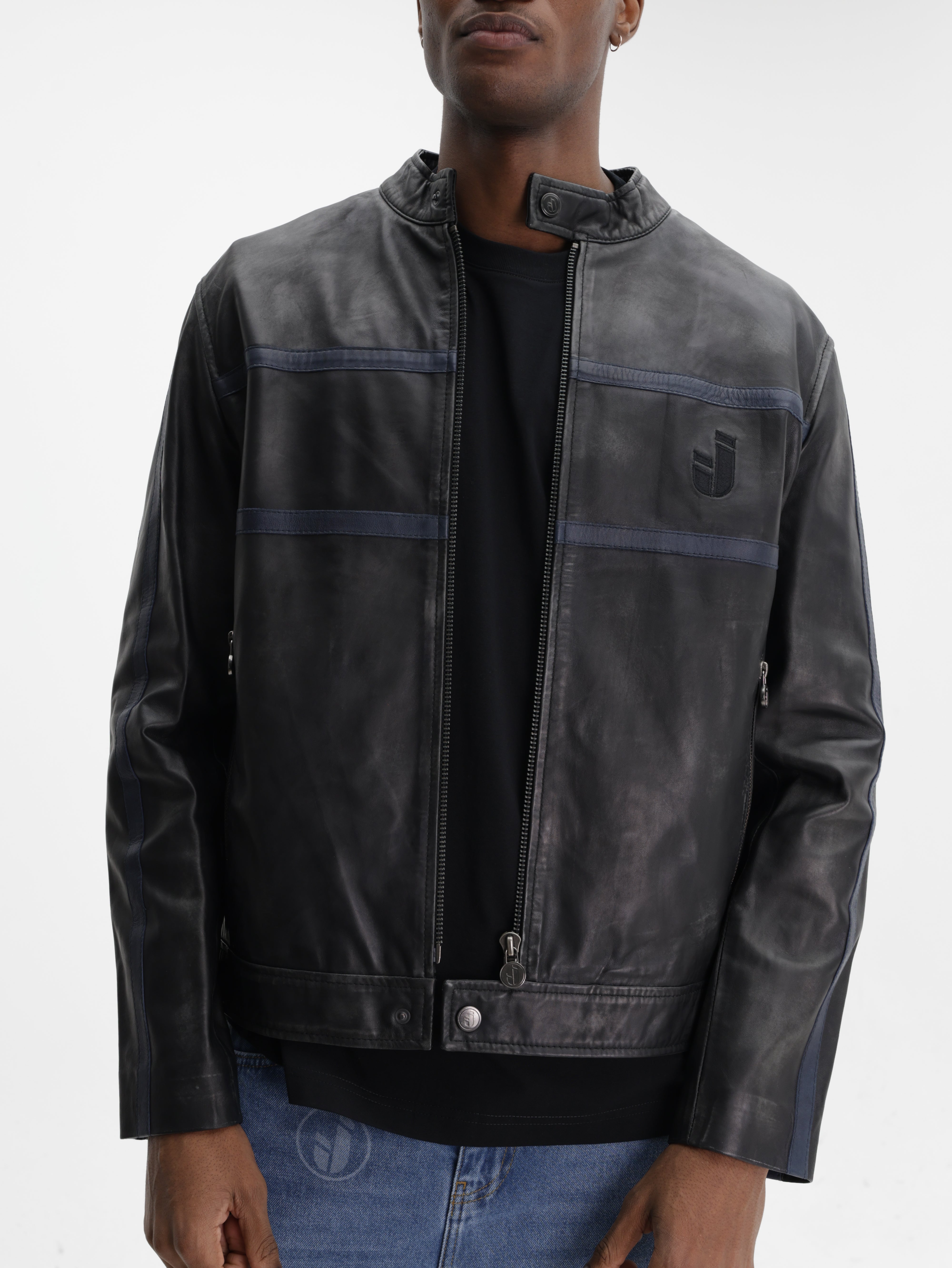 Iceberg Jeans Jacket Leather Navy Stripes Black